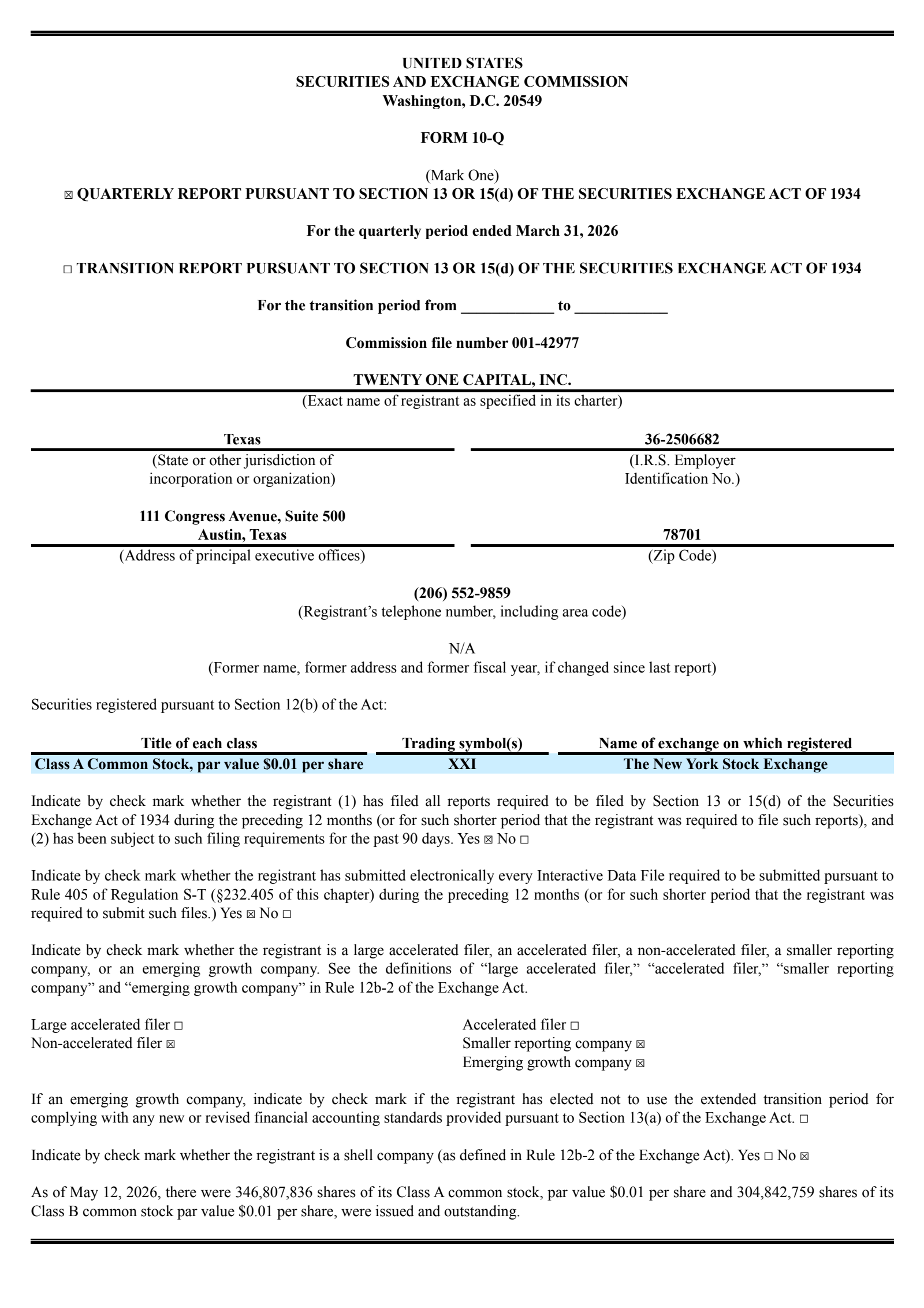 Twenty One Capital's Q1 2026 Quarterly report