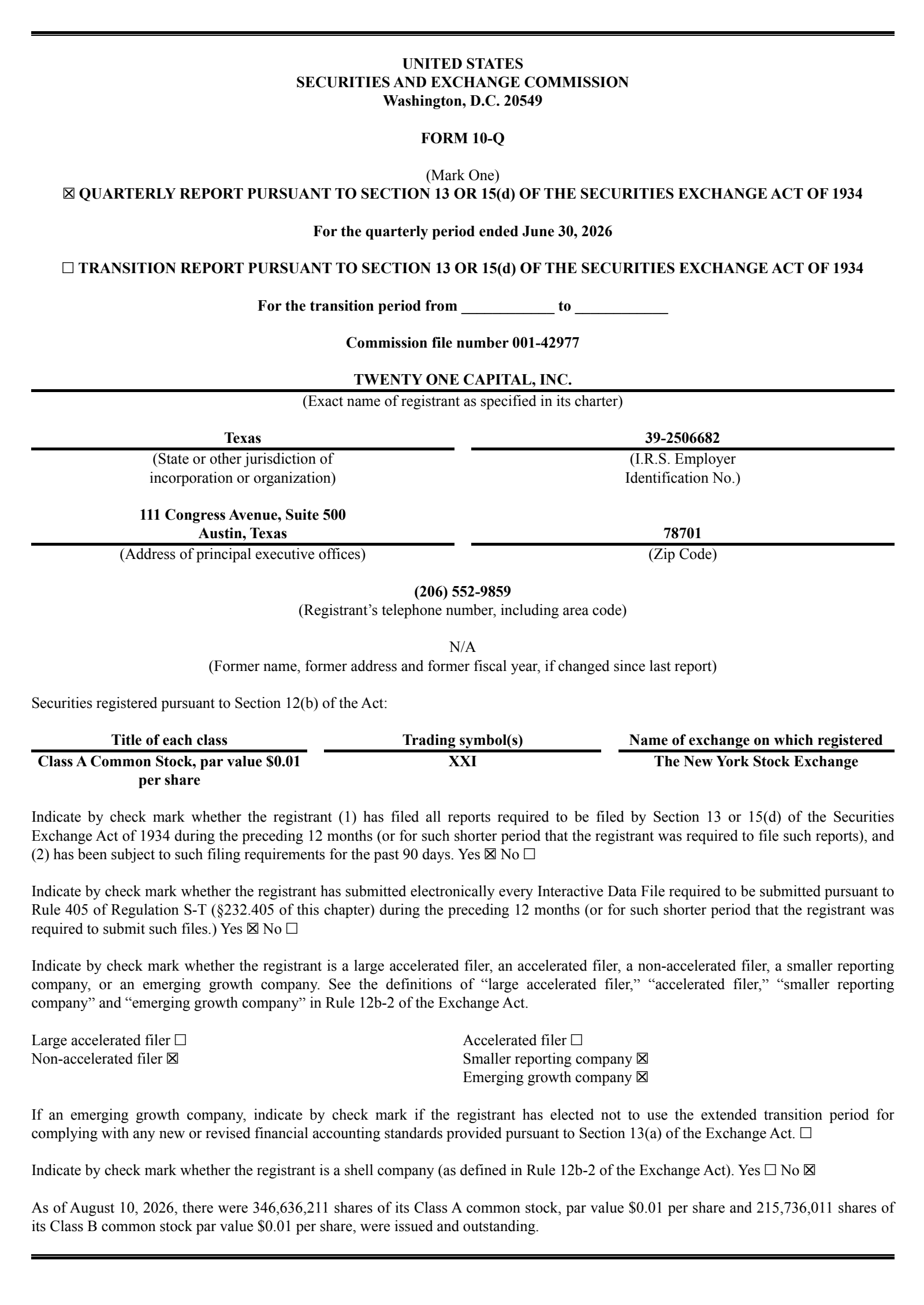 Twenty One Capital's Q2 2026 Quarterly report