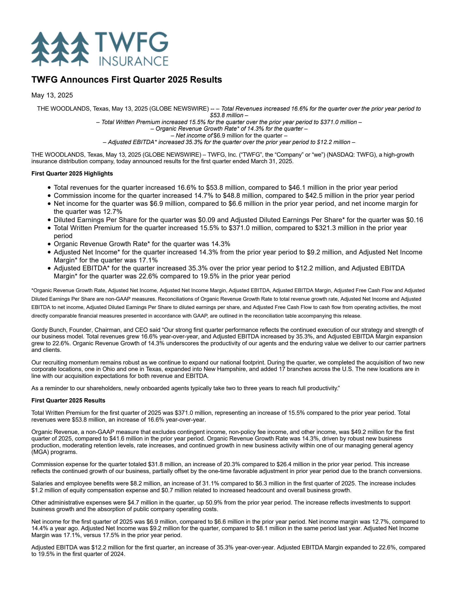 TWFG's Q1 2025 Press Release