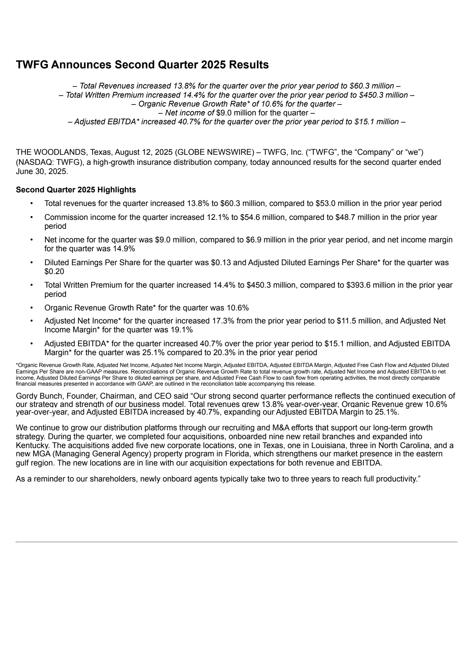 TWFG's Q2 2025 Press Release