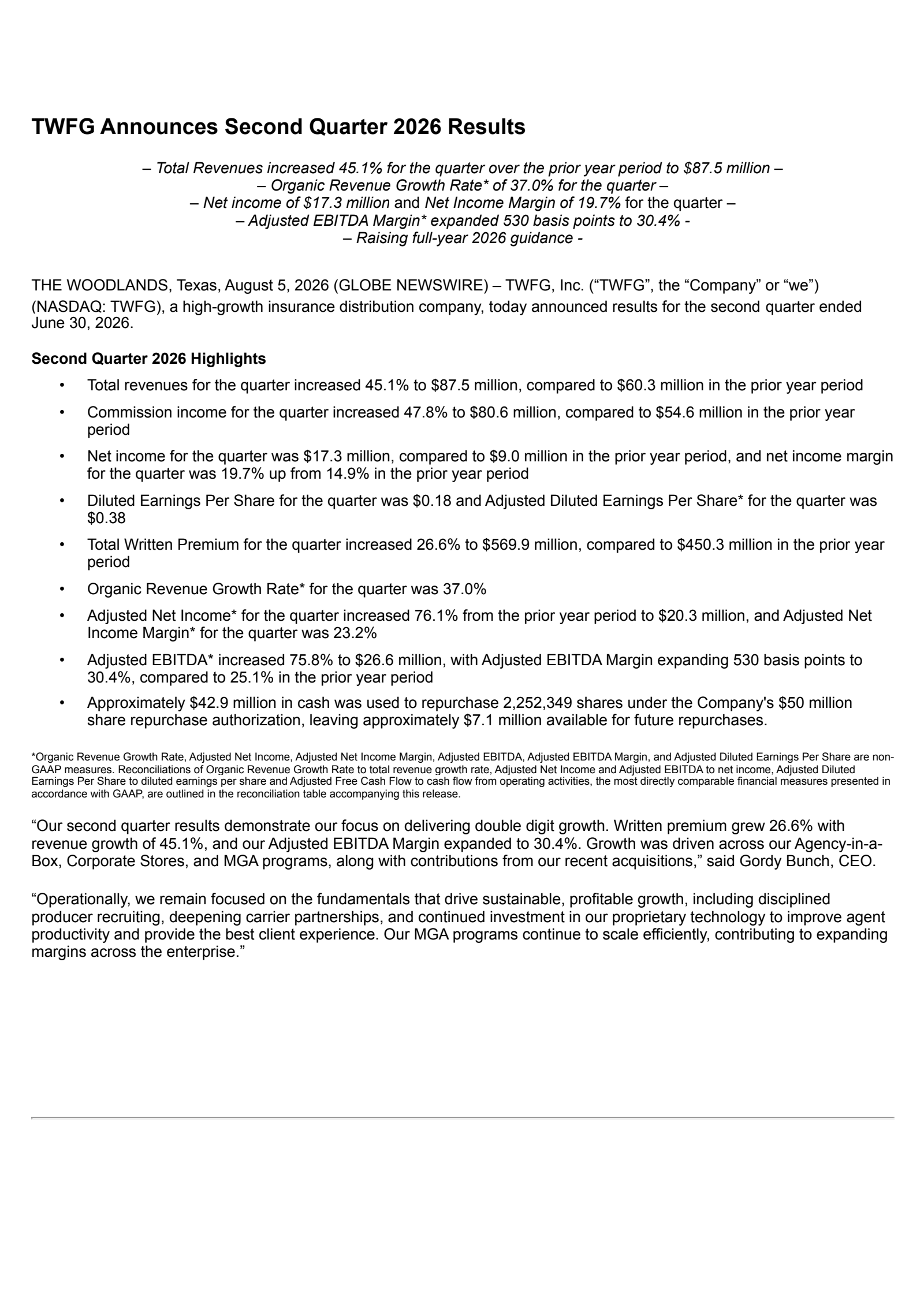 TWFG's Q2 2026 Press Release