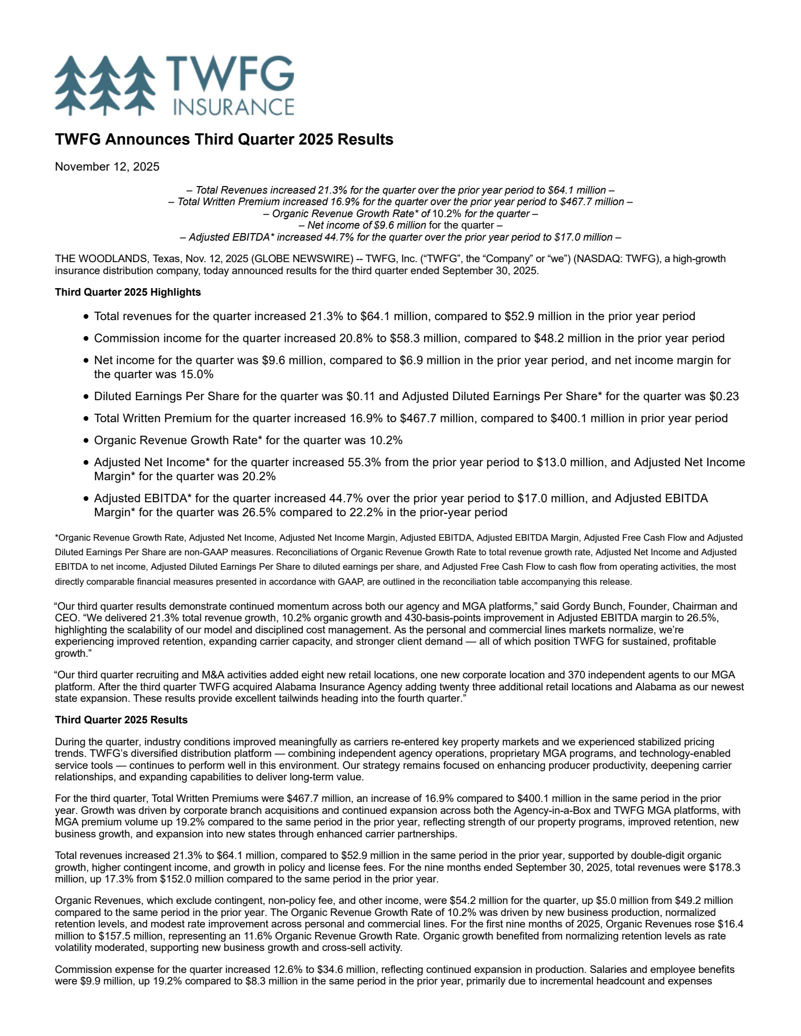 TWFG's Q3 2025 Earnings Release