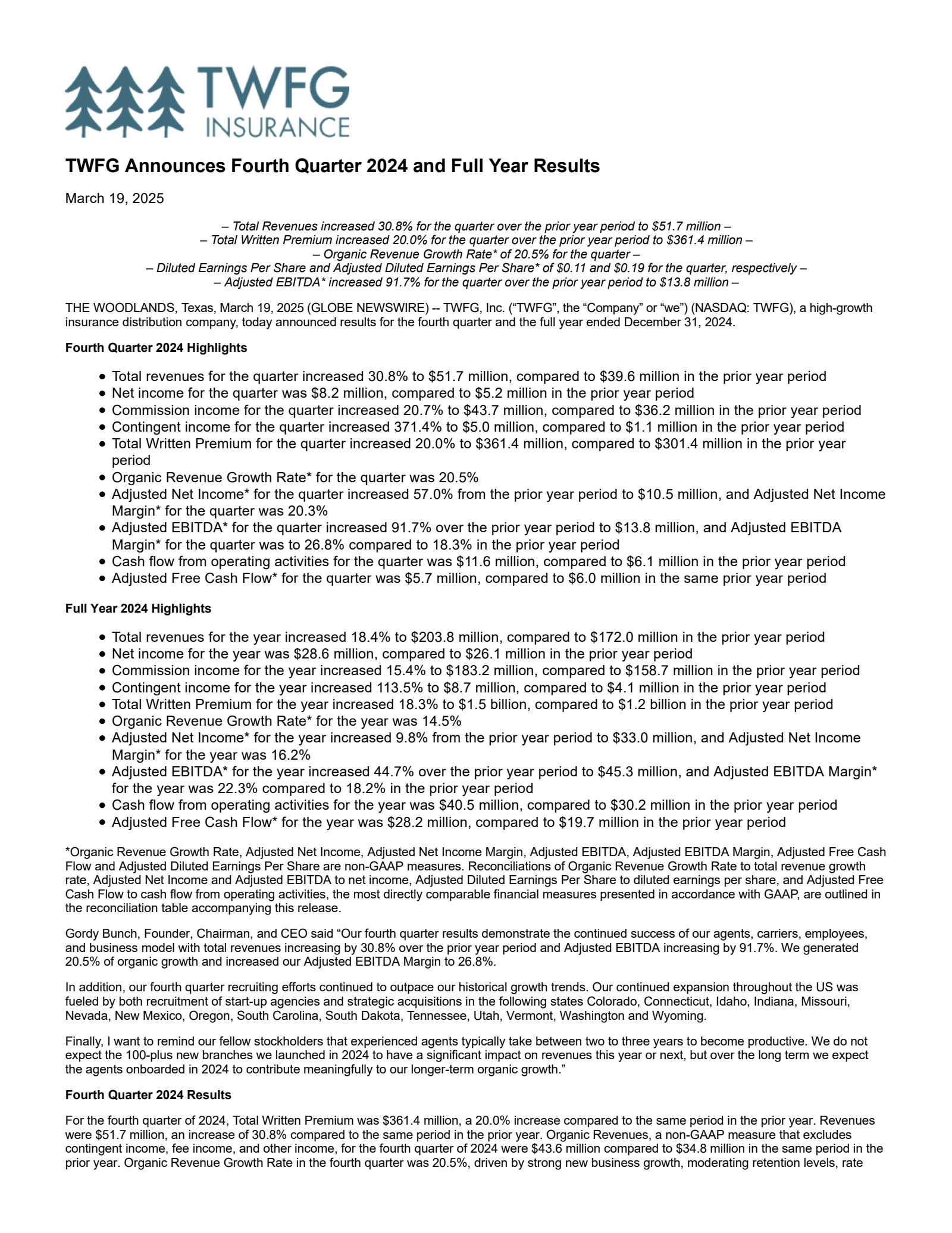 TWFG's Q4 2024 Press Release