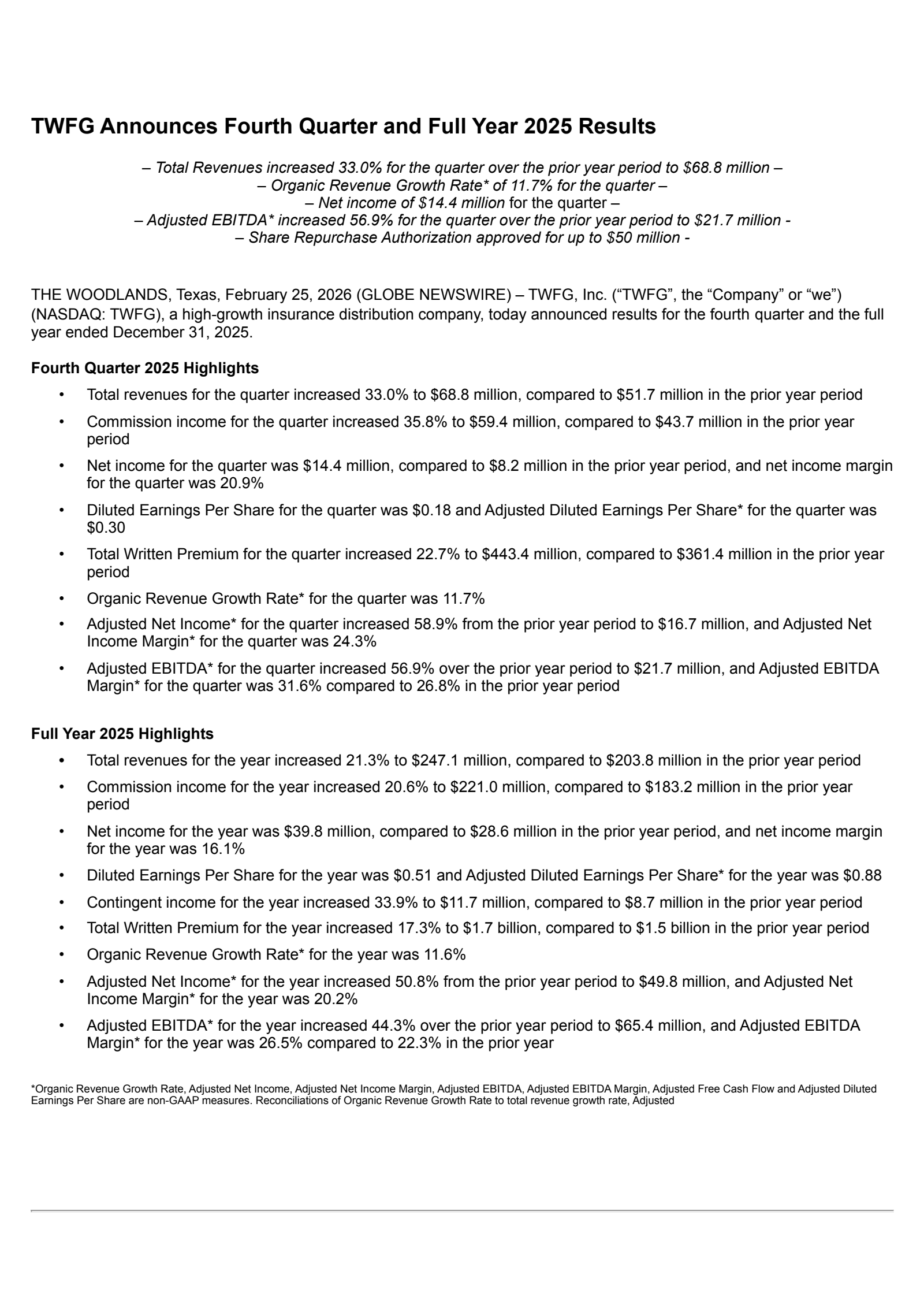 TWFG's Q4 2025 Press Release