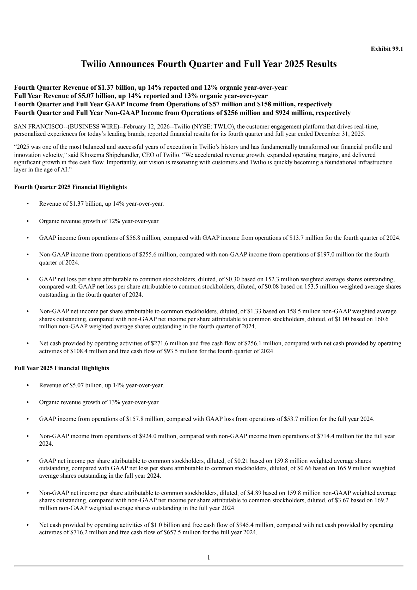 Twilio's Q4 2025 Press Release