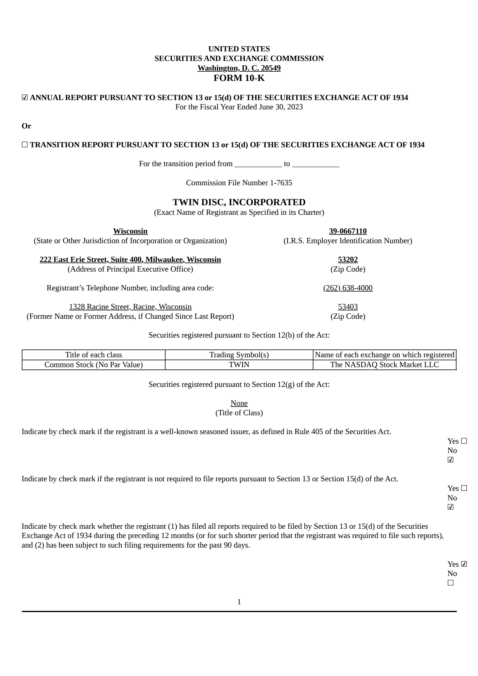 Twin Disc's Q4 2023 Annual report