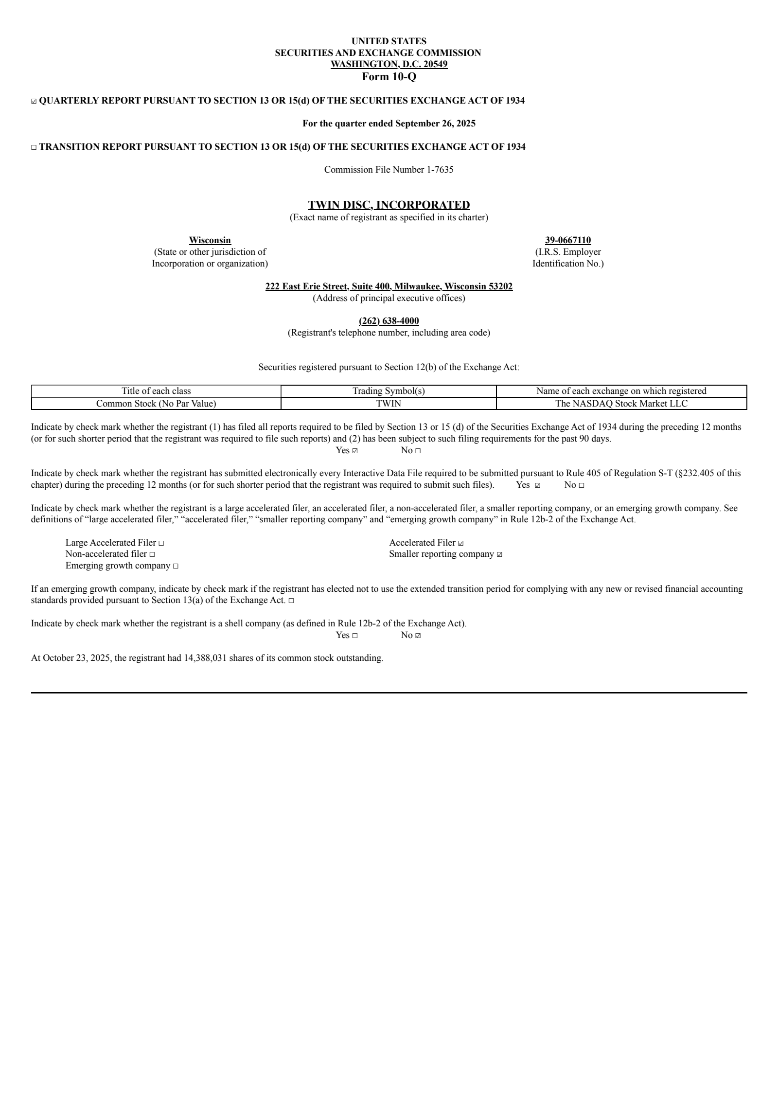 Twin Disc's Q1 2026 Quarterly Report
