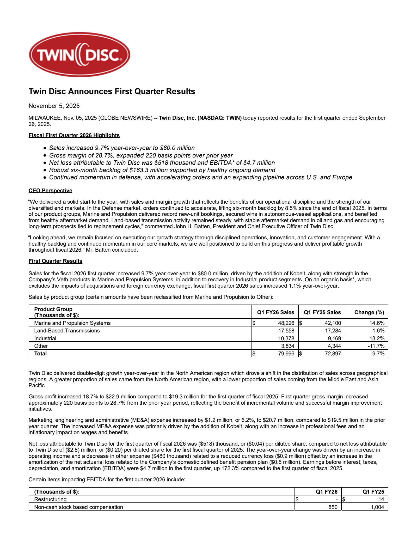 Twin Disc's Q1 2026 Earnings Release