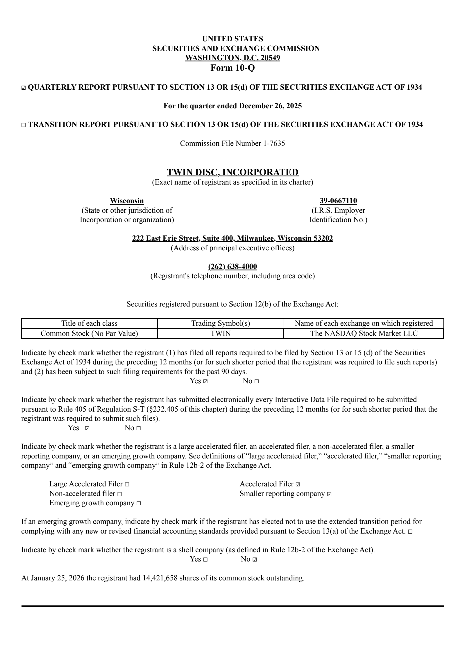 Twin Disc's Q2 2026 Quarterly report