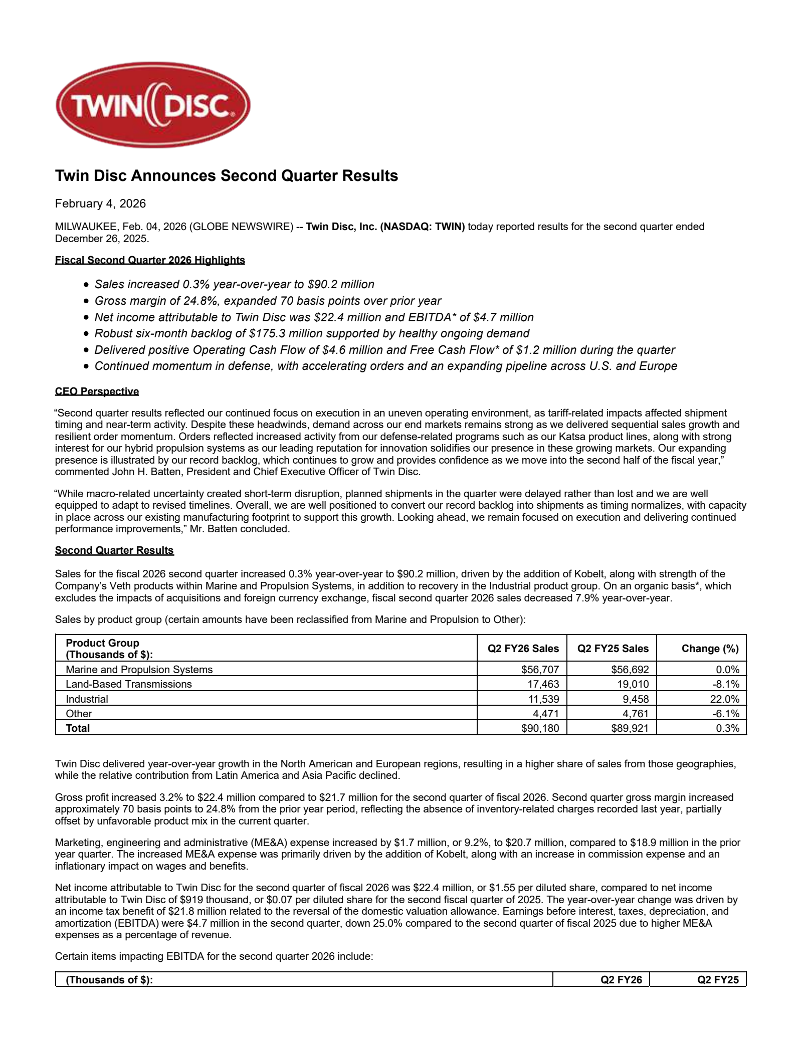 Twin Disc's Q2 2026 Press Release