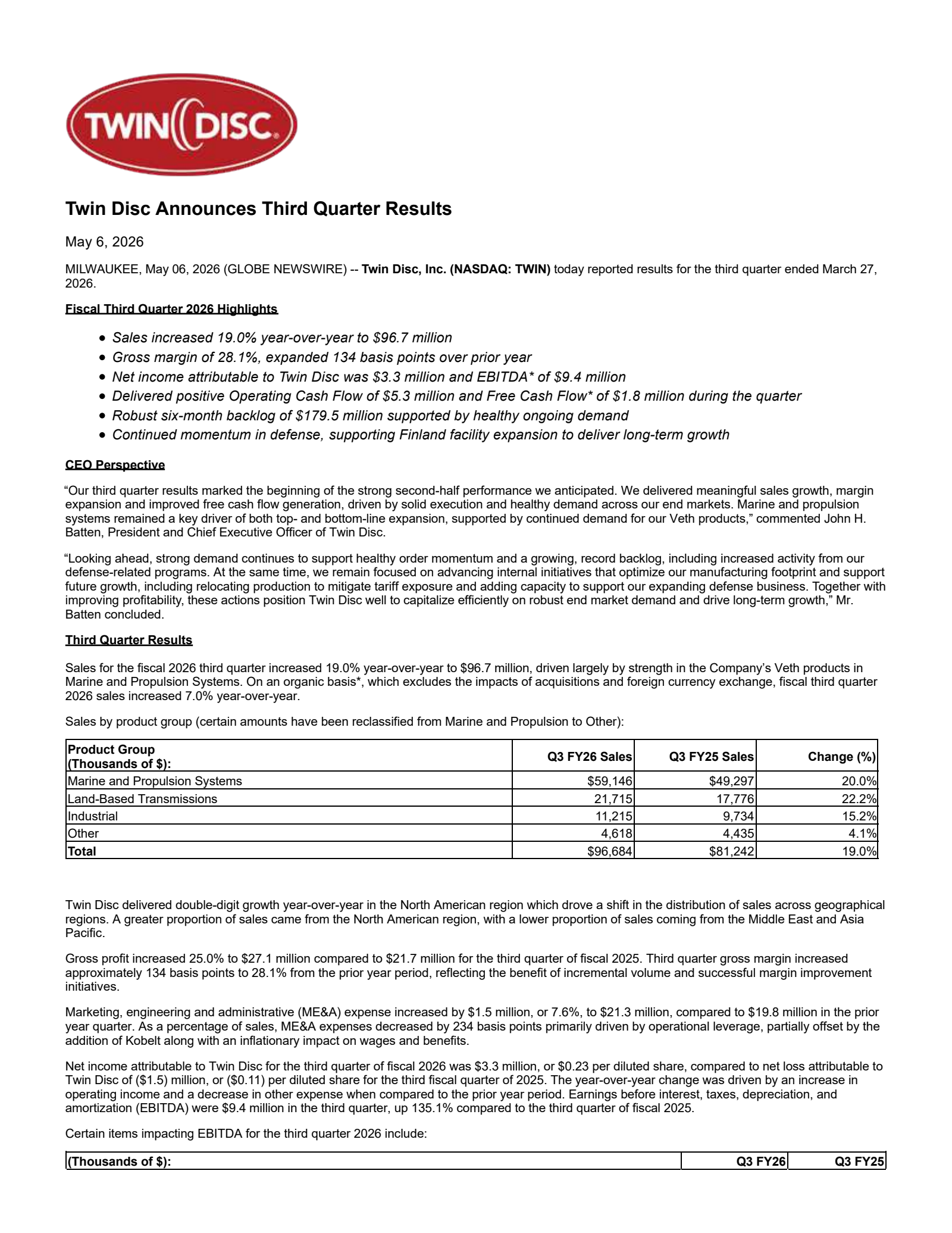 Twin Disc's Q3 2026 Press Release
