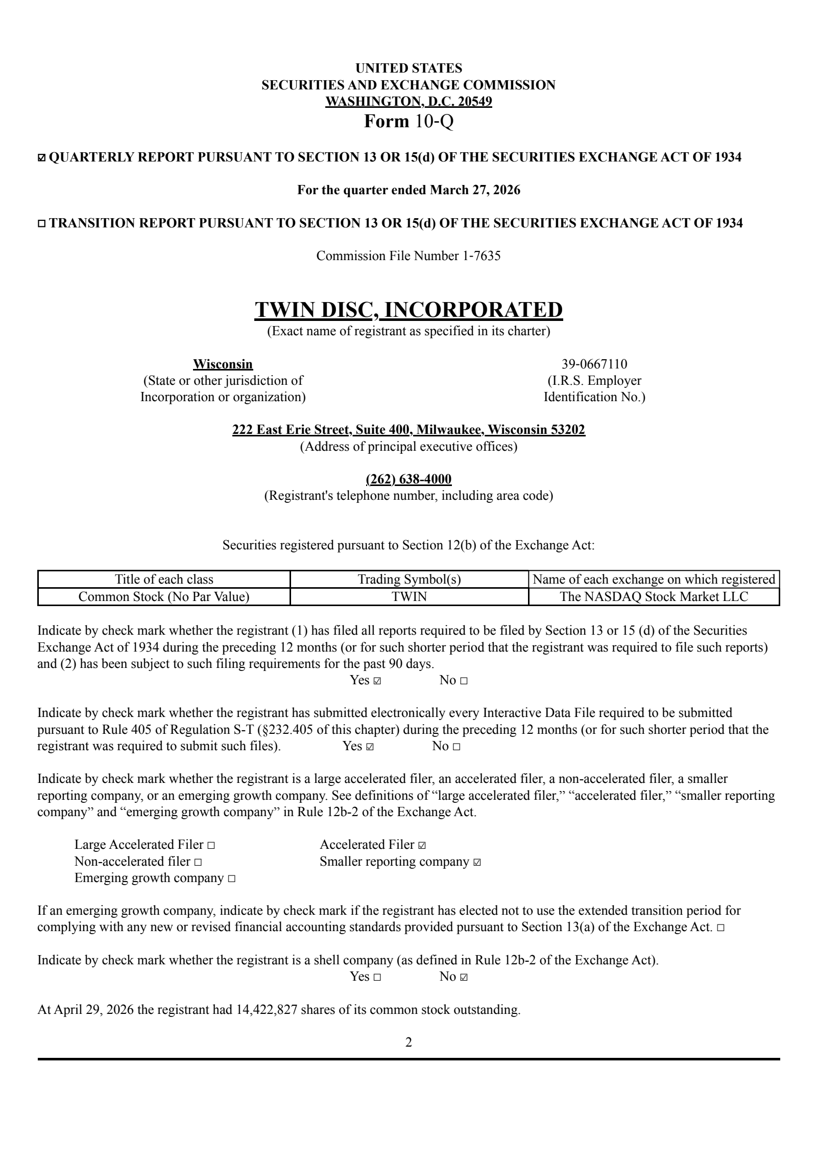 Twin Disc's Q3 2026 Quarterly report