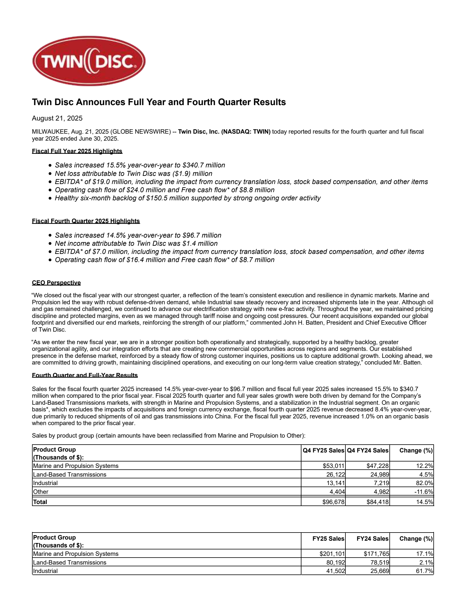 Twin Disc's Q4 2025 Press Release