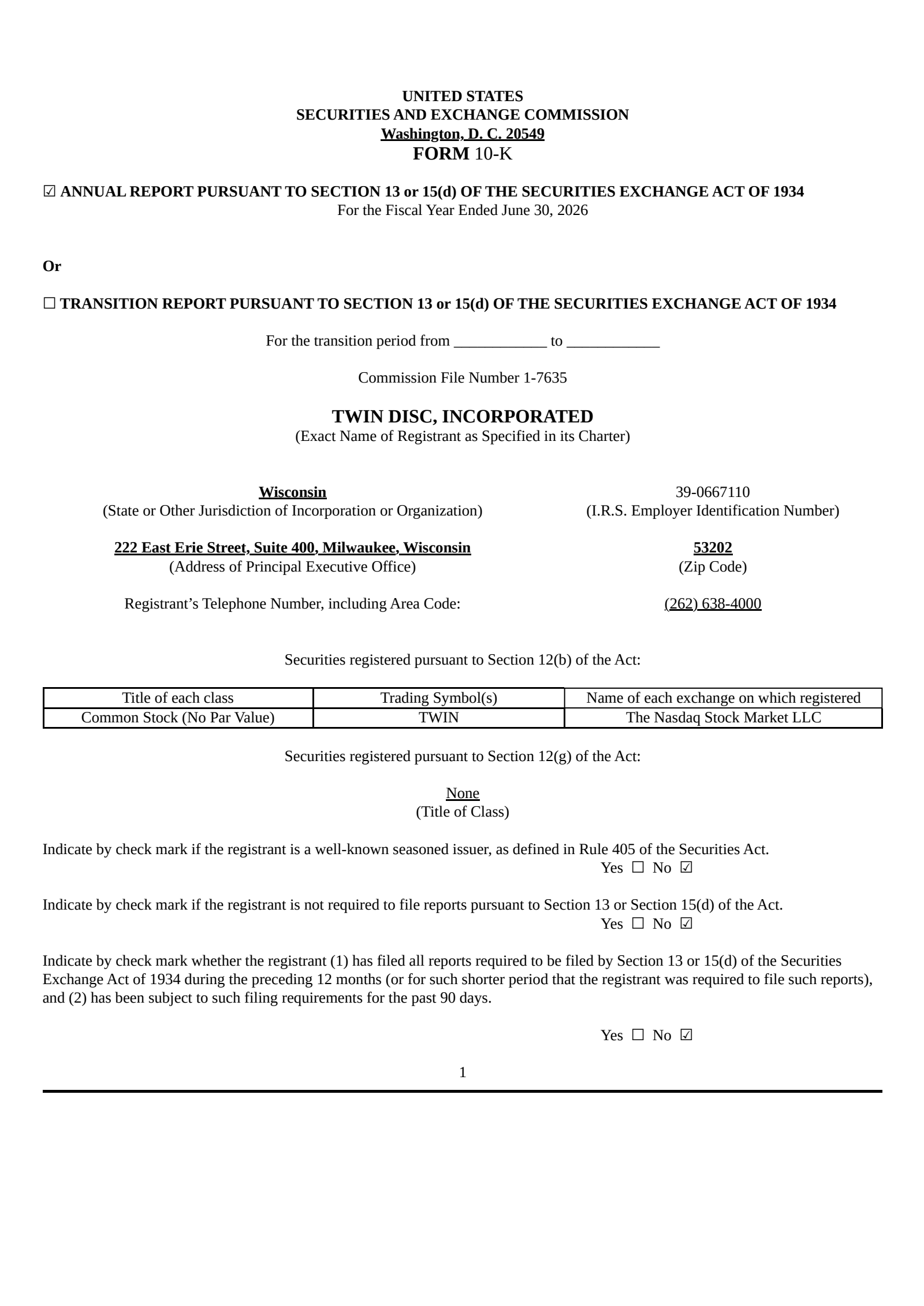 Twin Disc's Q4 2026 Annual report
