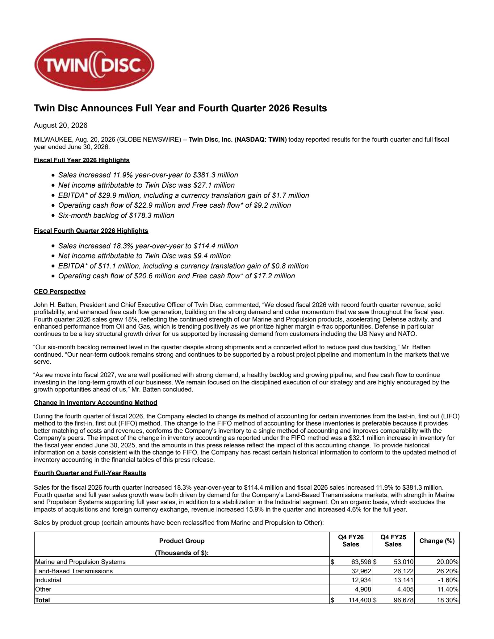 Twin Disc's Q4 2026 Press Release