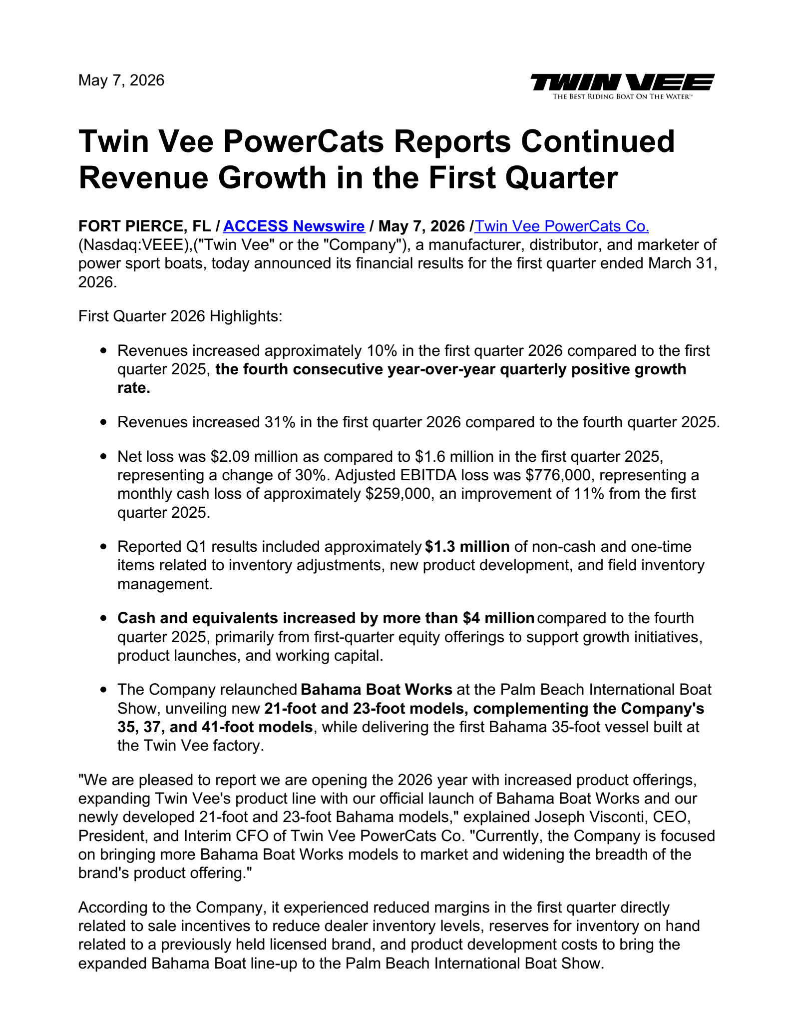 Twin Vee PowerCats' Q1 2026 Press Release