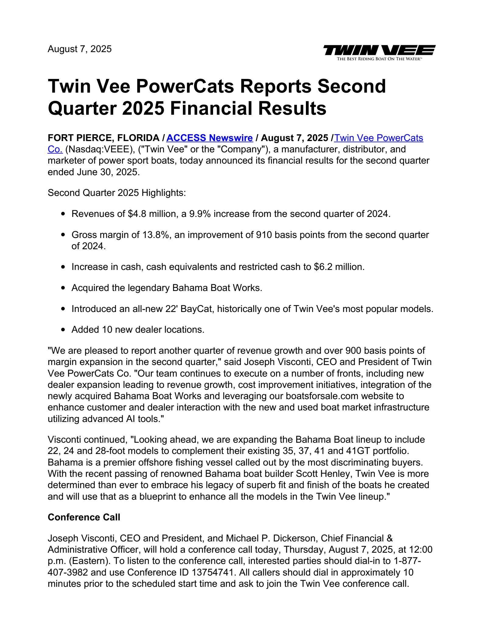Twin Vee PowerCats' Q2 2025 Press Release