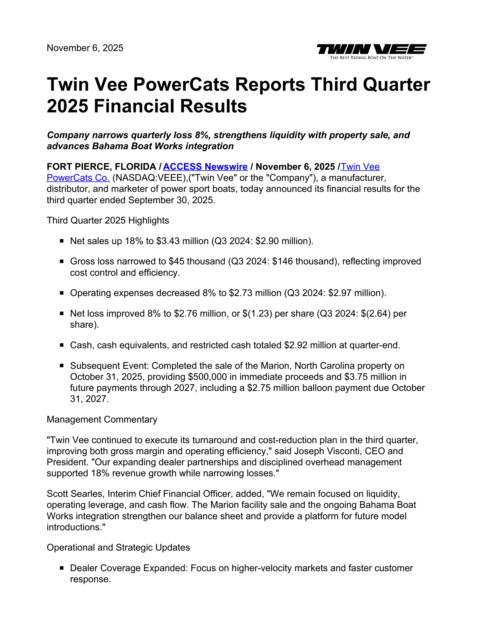 Twin Vee PowerCats' Q3 2025 Earnings Release