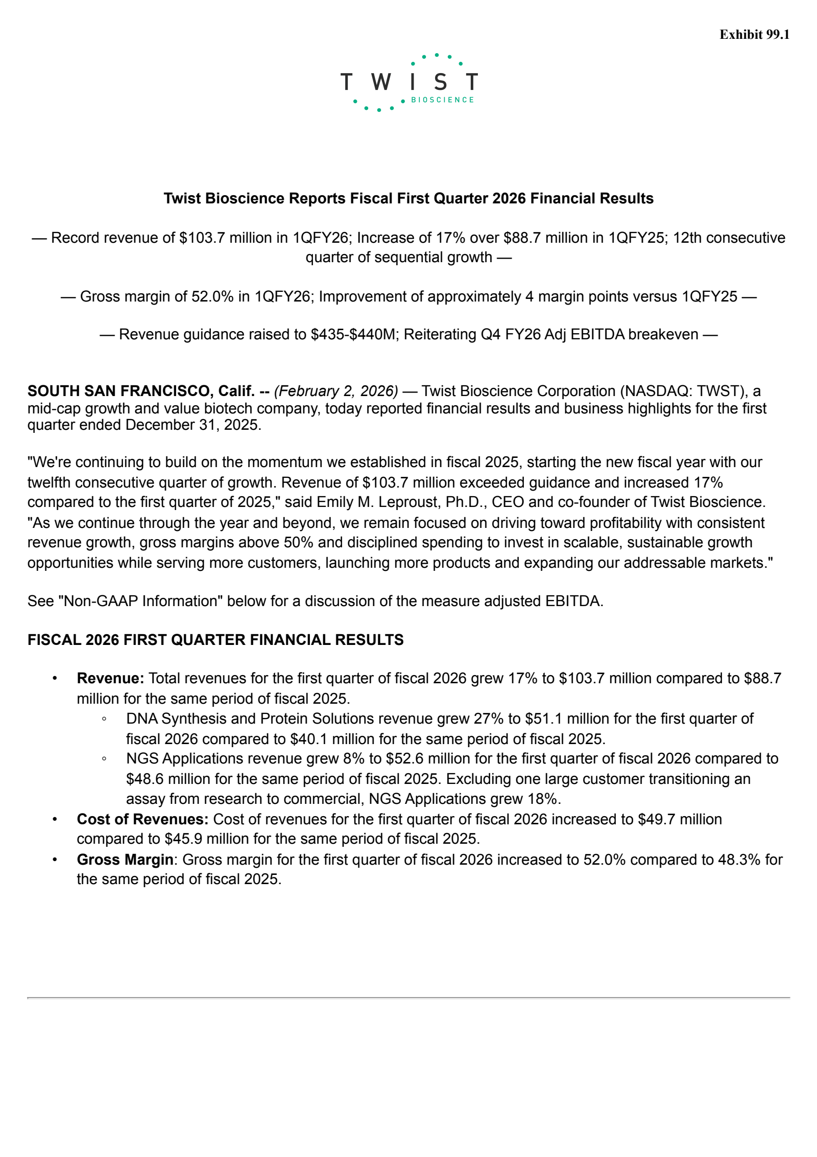 Twist Bioscience's Q1 2026 Press Release