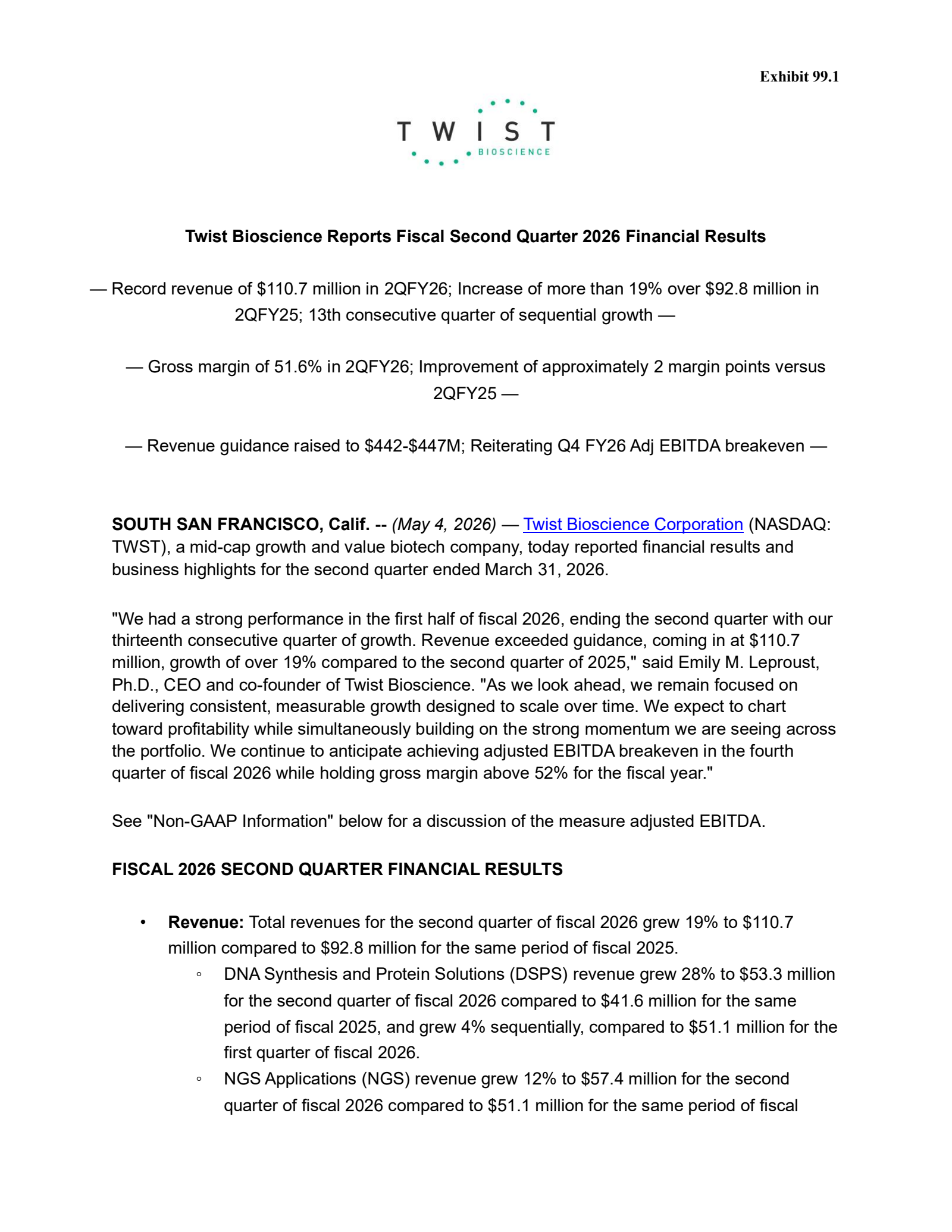 Twist Bioscience's Q2 2026 Press Release