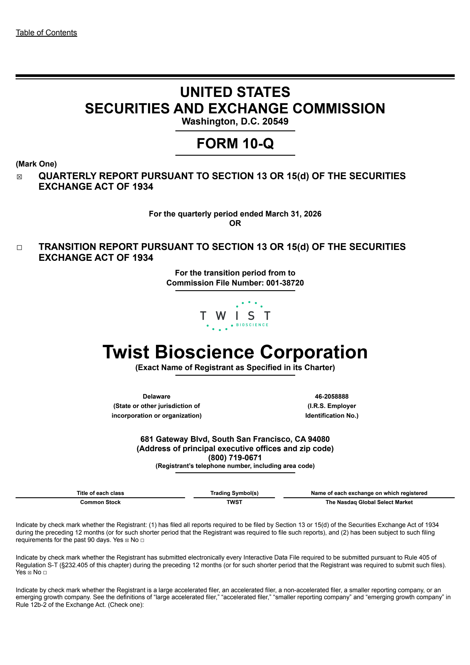 Twist Bioscience's Q2 2026 Quarterly report