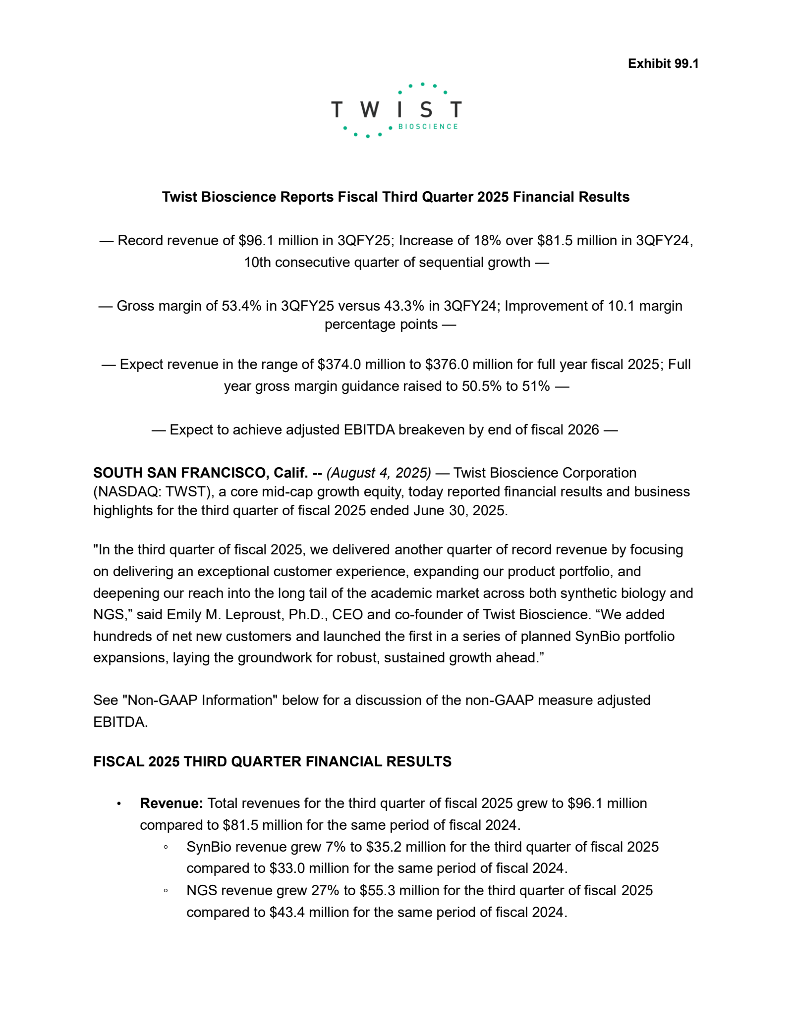 Twist Bioscience's Q3 2025 Press Release