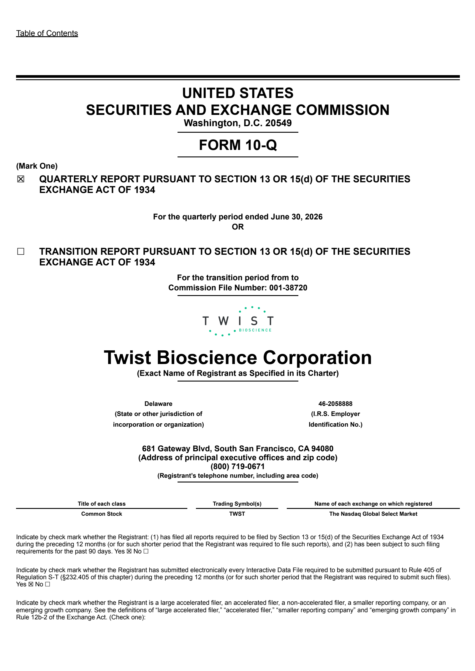 Twist Bioscience's Q3 2026 Quarterly report