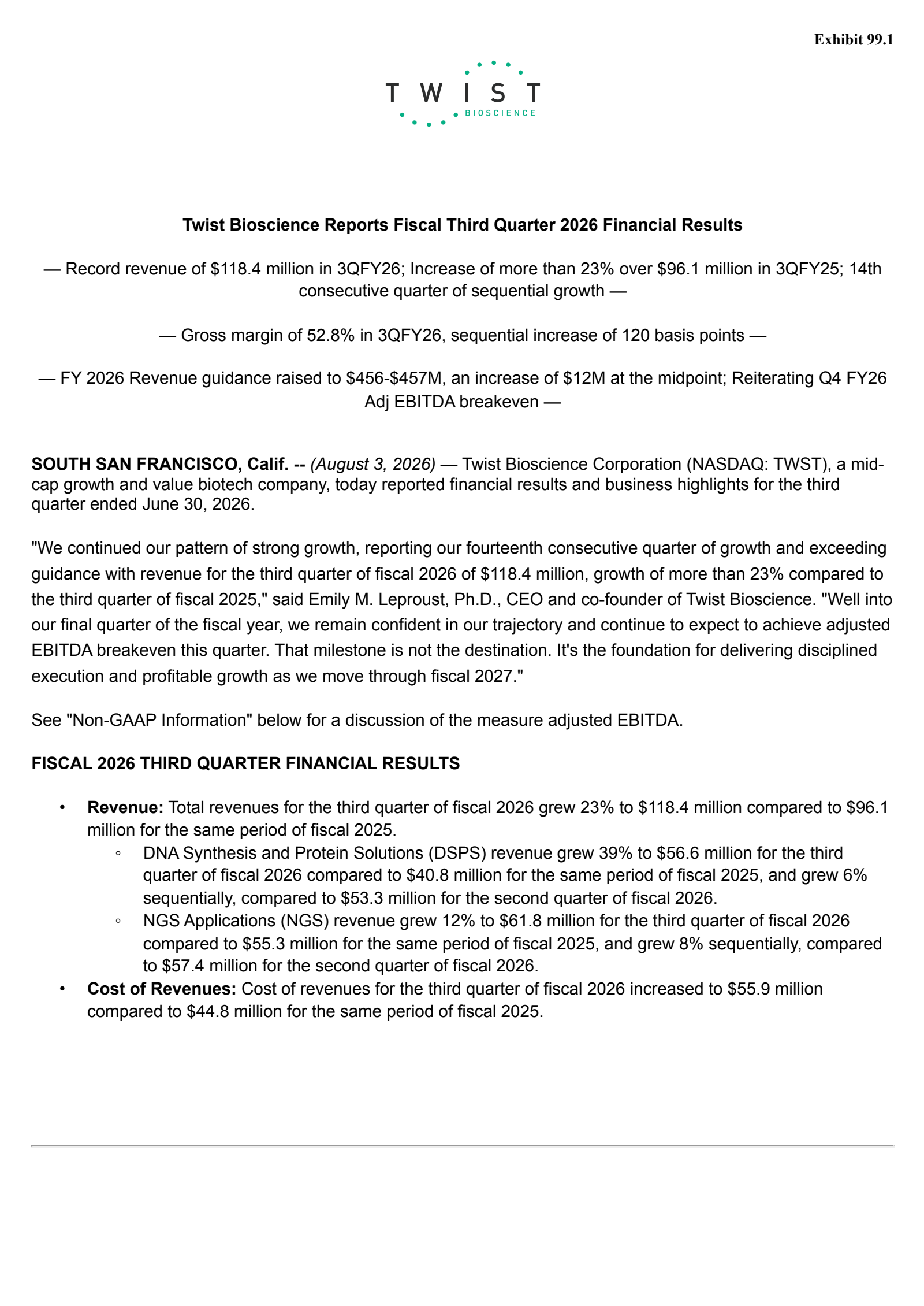 Twist Bioscience's Q3 2026 Press Release