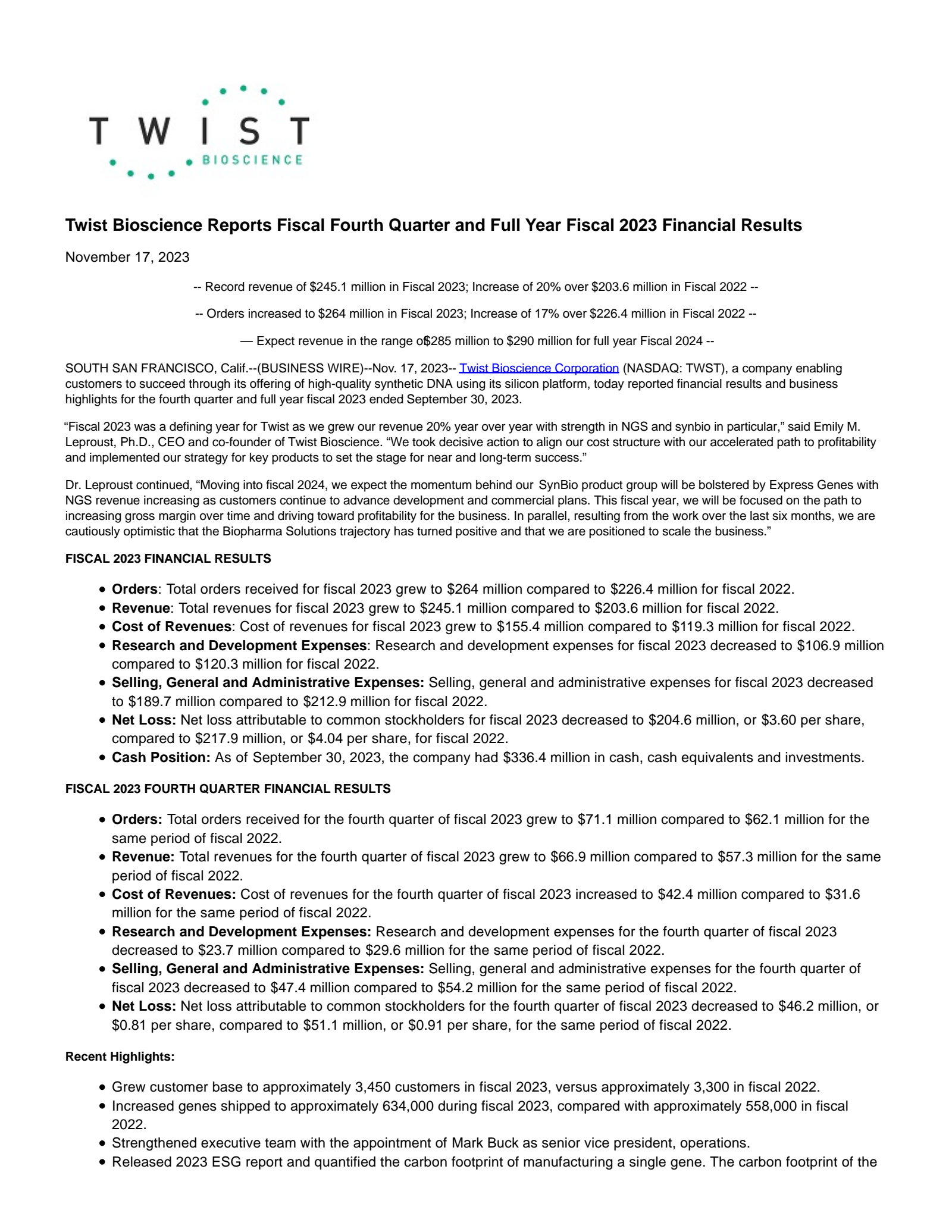 PTC Therapeutics' Q4 2023 Press Release