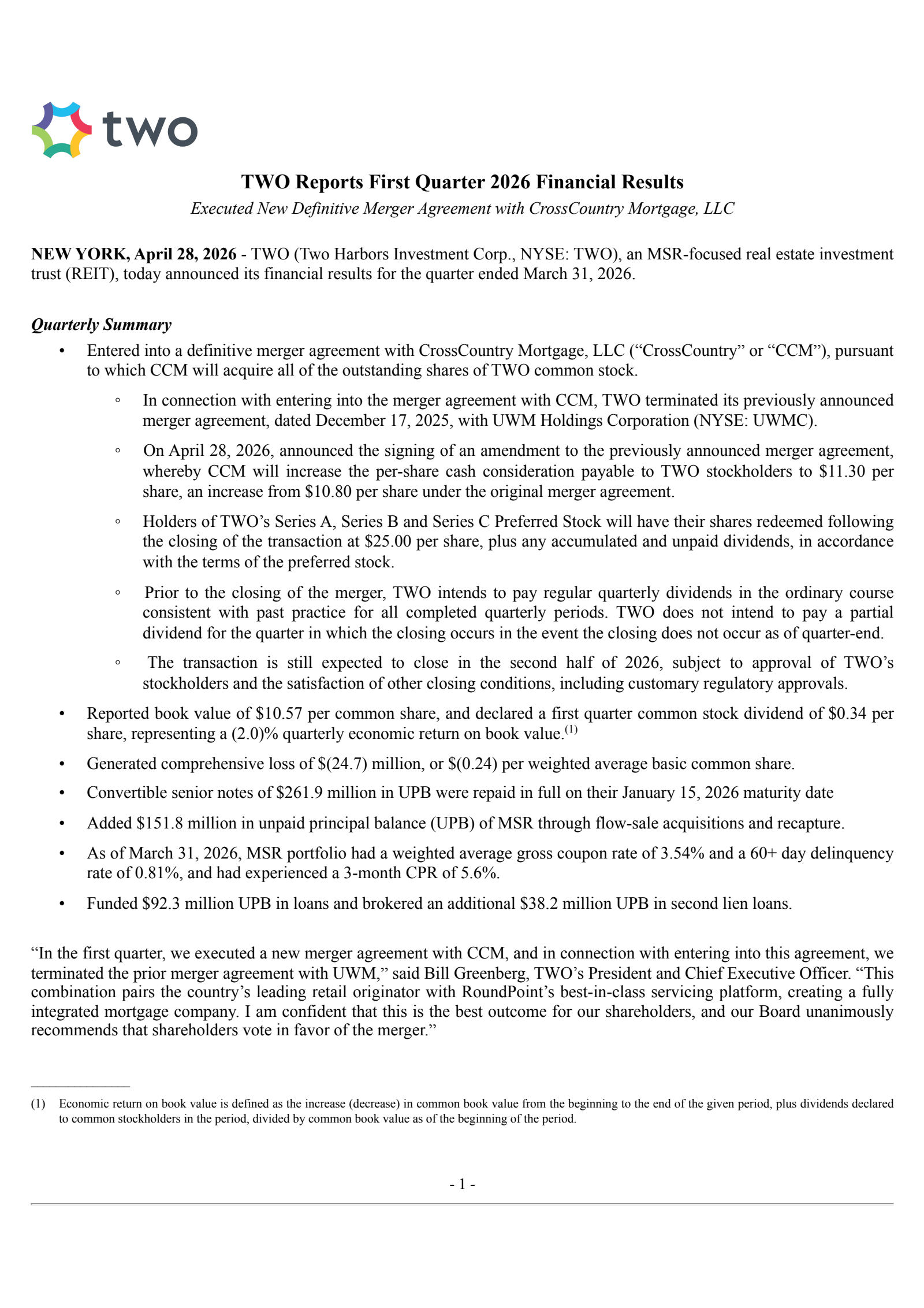 Two Harbors Investments' Q1 2026 Press Release