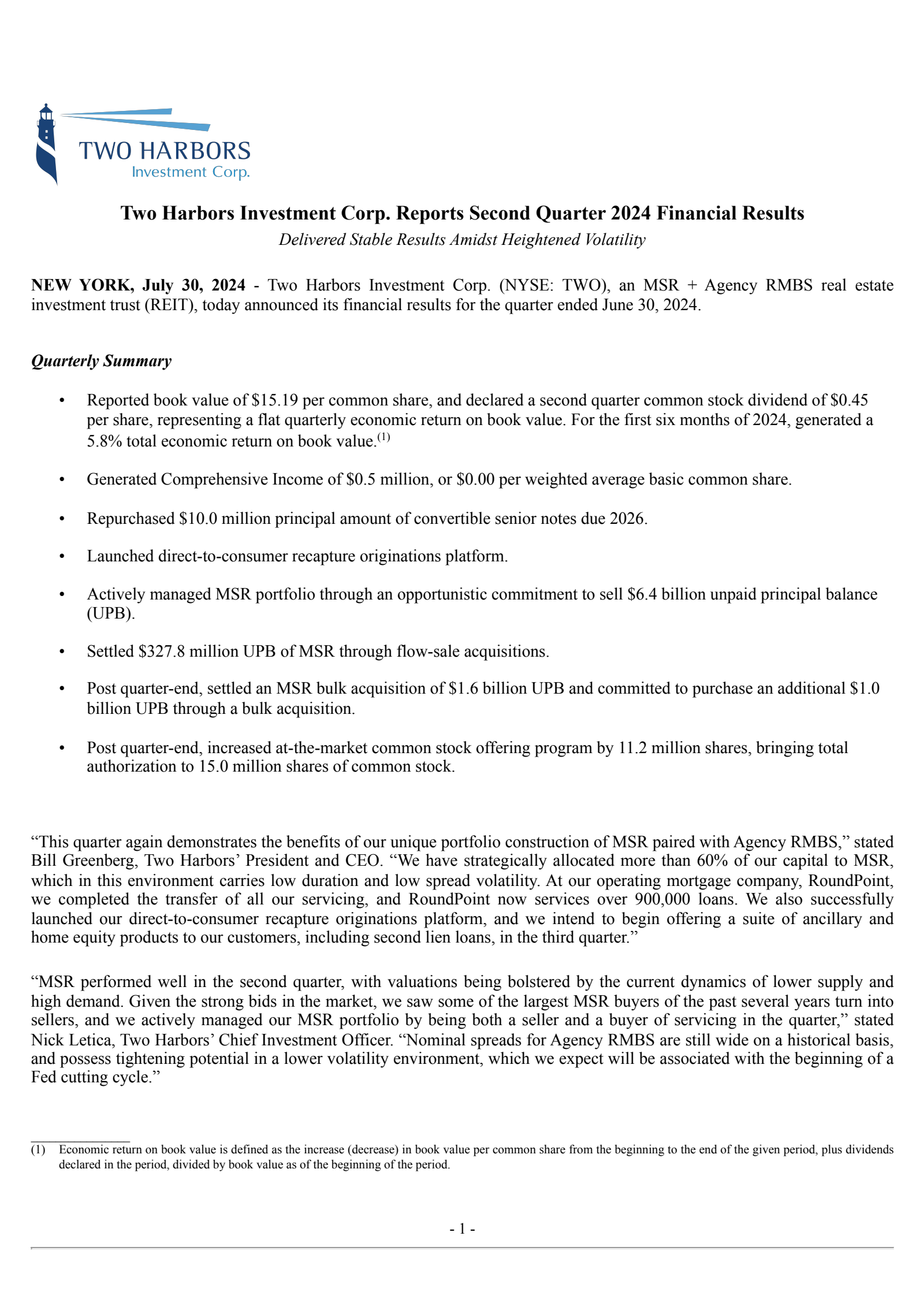 Two Harbors Investment's Q2 2024 Press Release