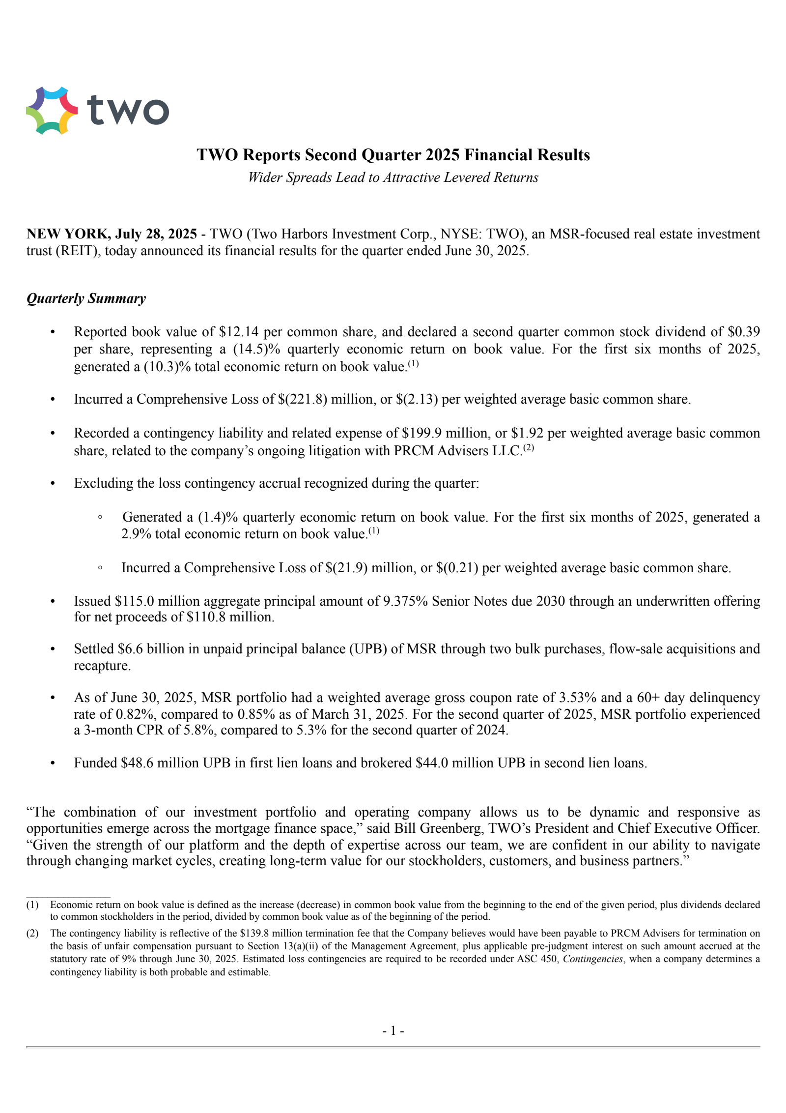 Two Harbors Investments' Q2 2025 Press Release