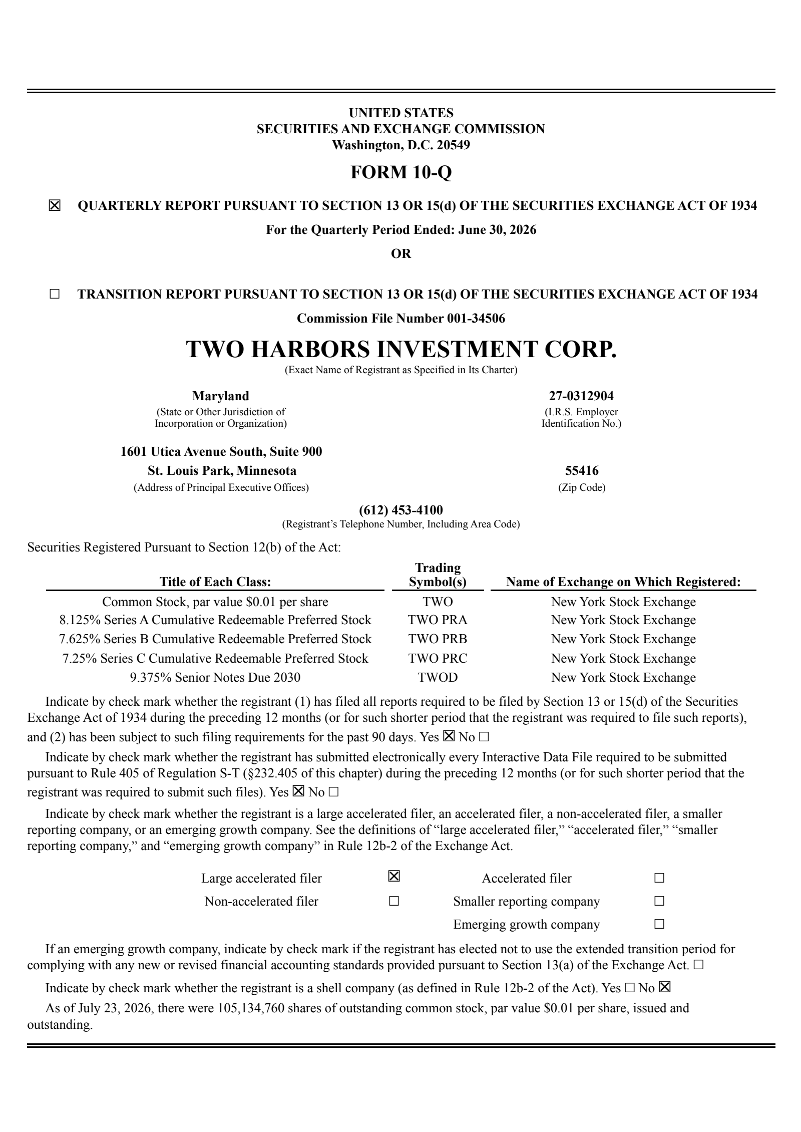 Two Harbors Investments' Q2 2026 Quarterly report