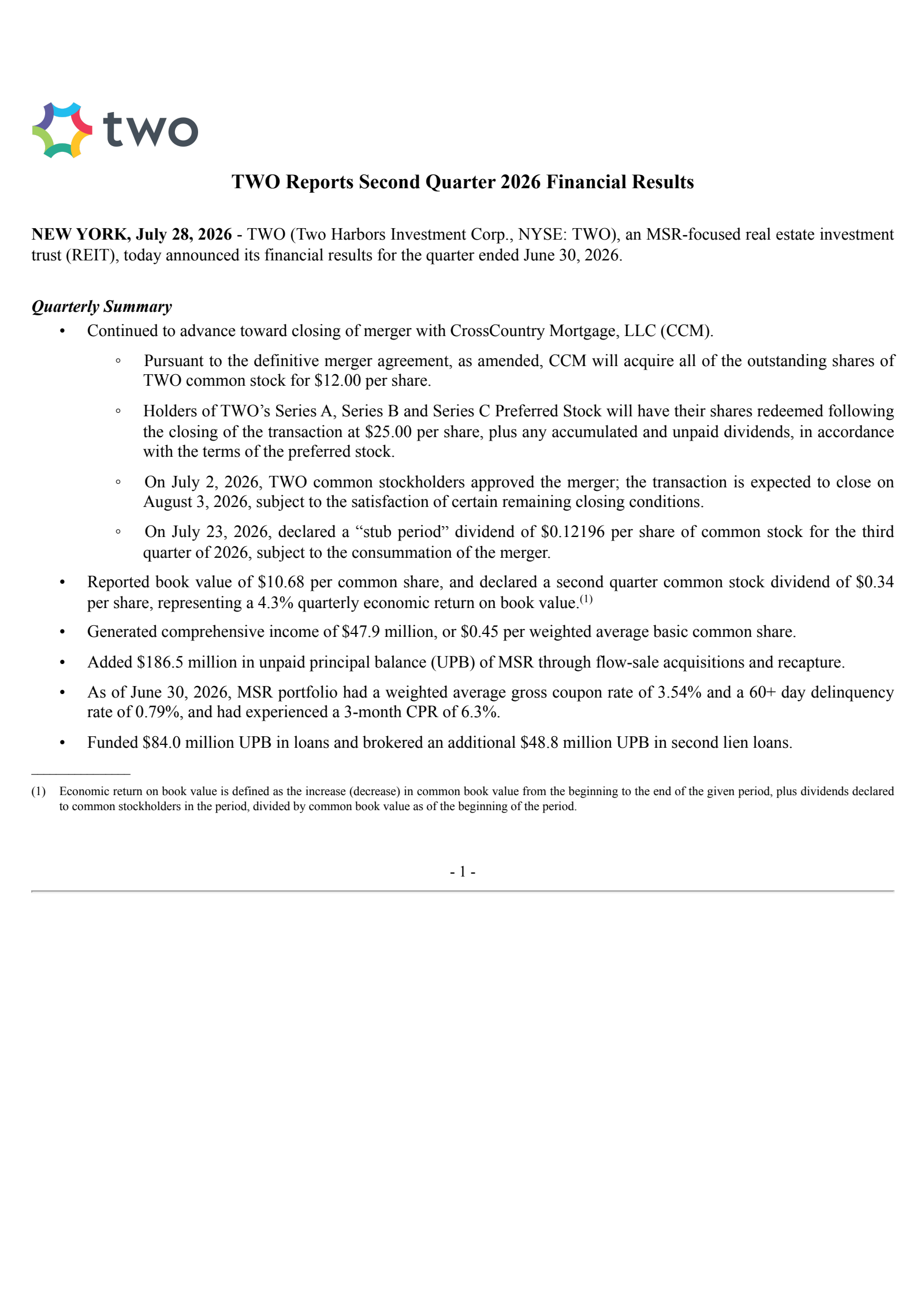 Two Harbors Investments' Q2 2026 Press Release