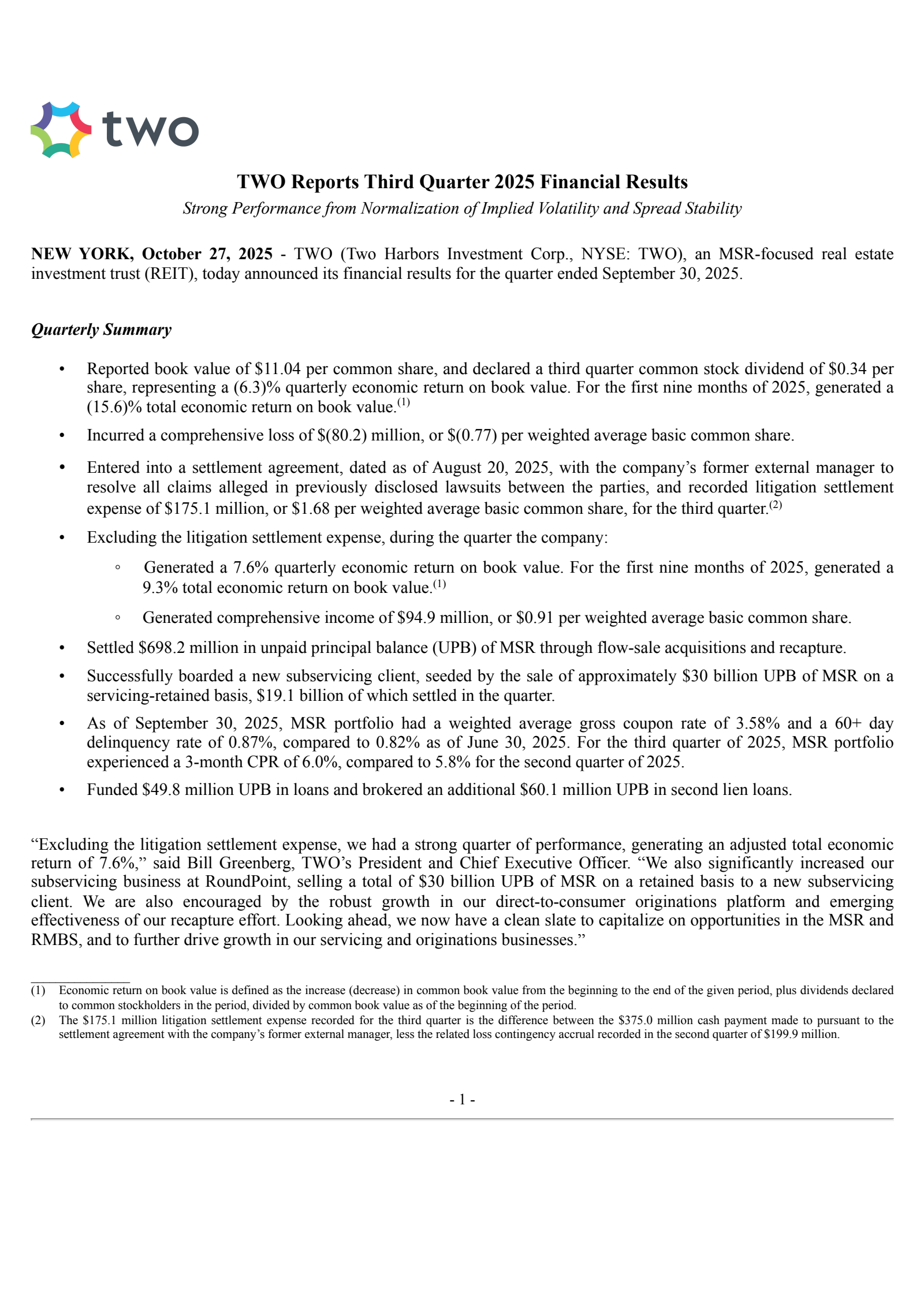 TWO Q3 2025 Earnings Report on 10/27/2025