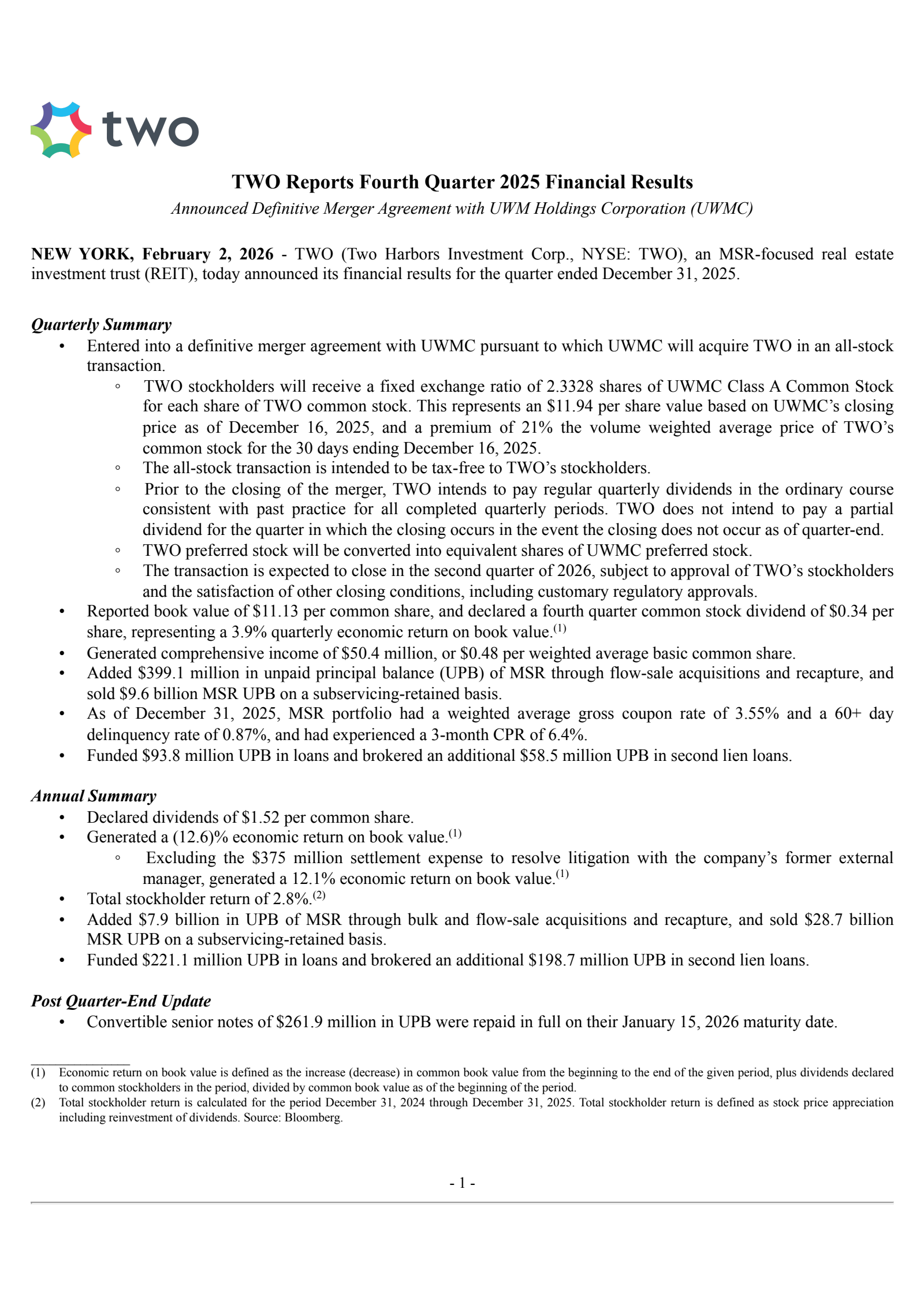 Two Harbors Investments' Q4 2025 Press Release