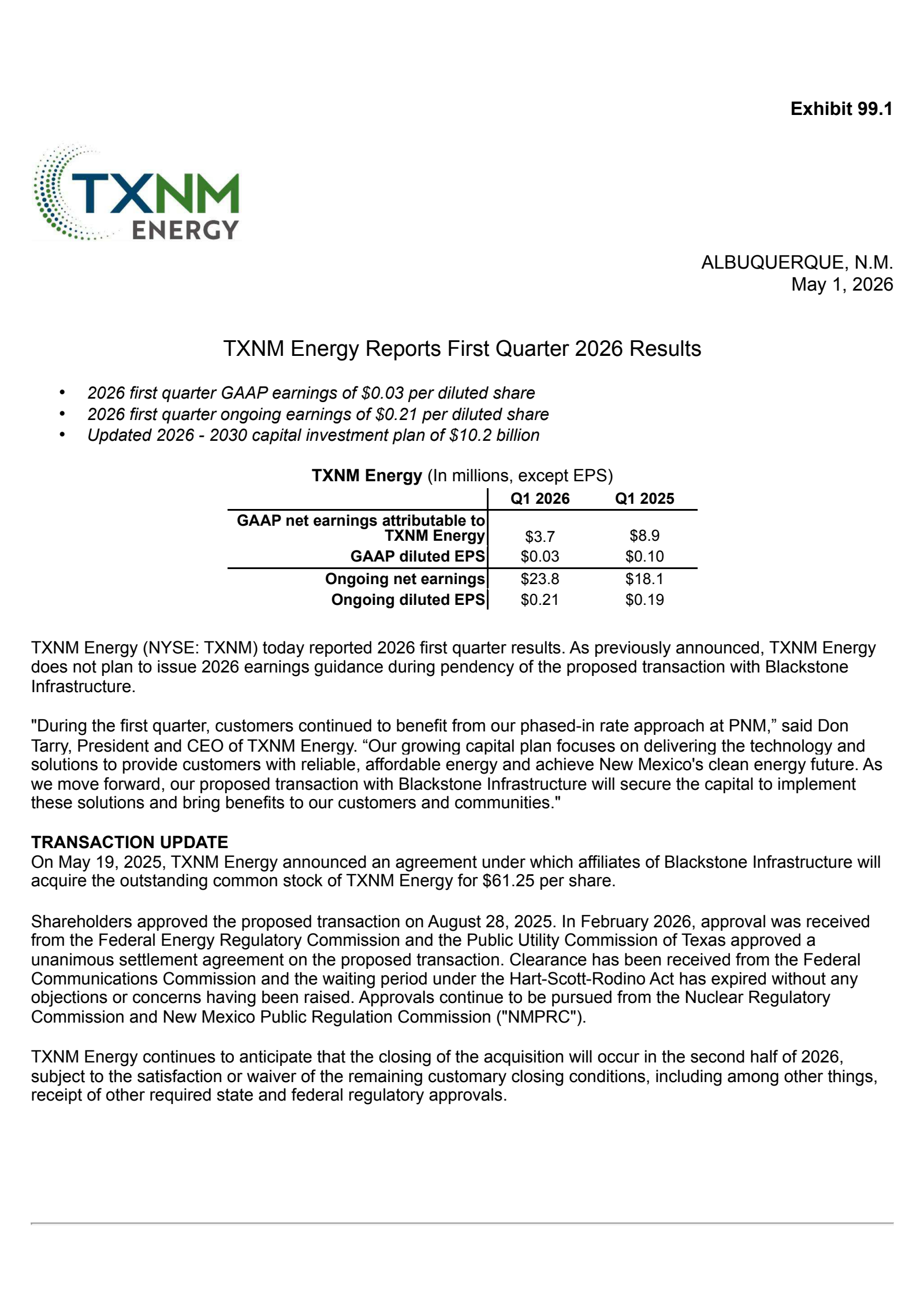 TXNM Energy's Q1 2026 Press Release