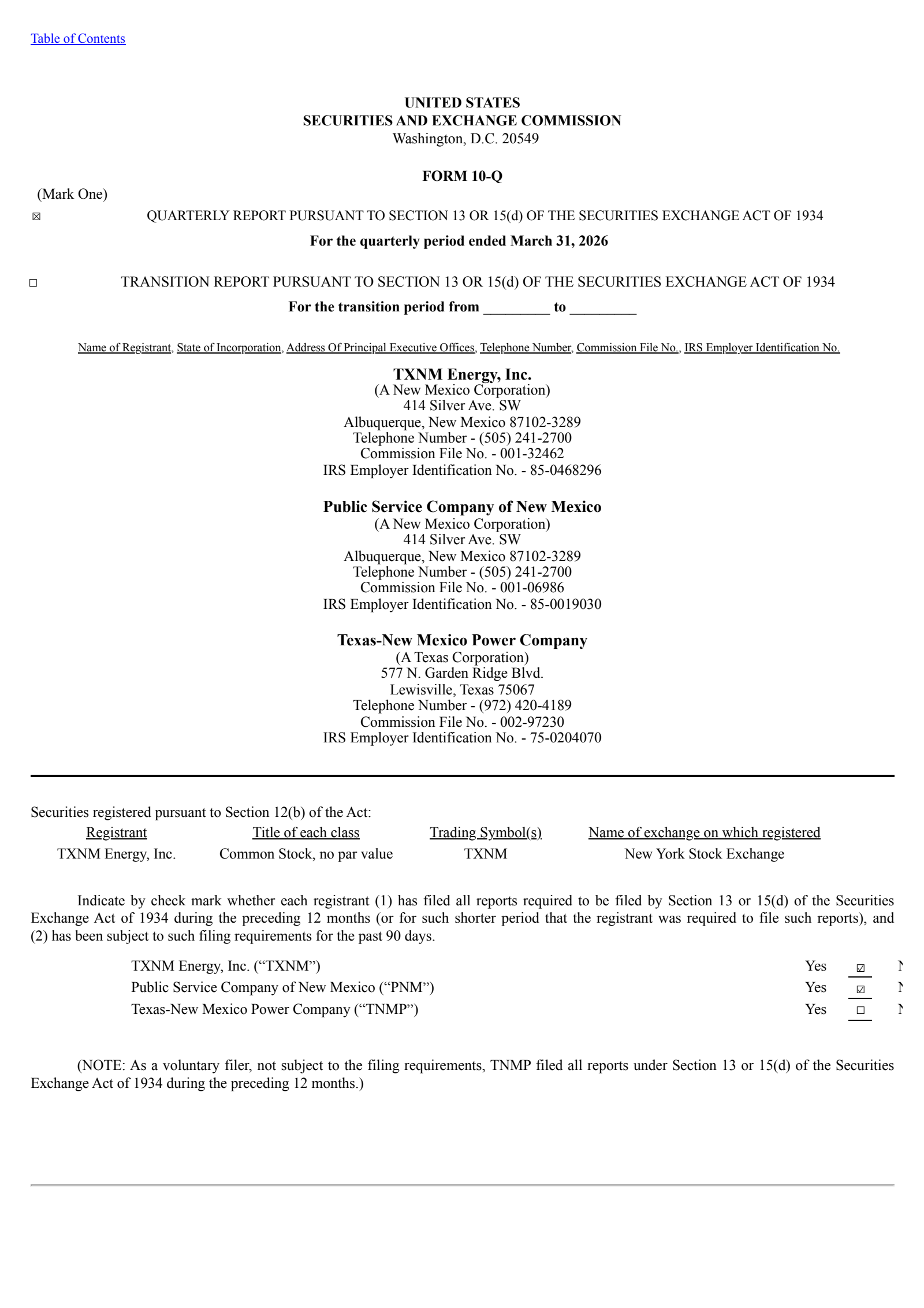 TXNM Energy's Q1 2026 Quarterly report