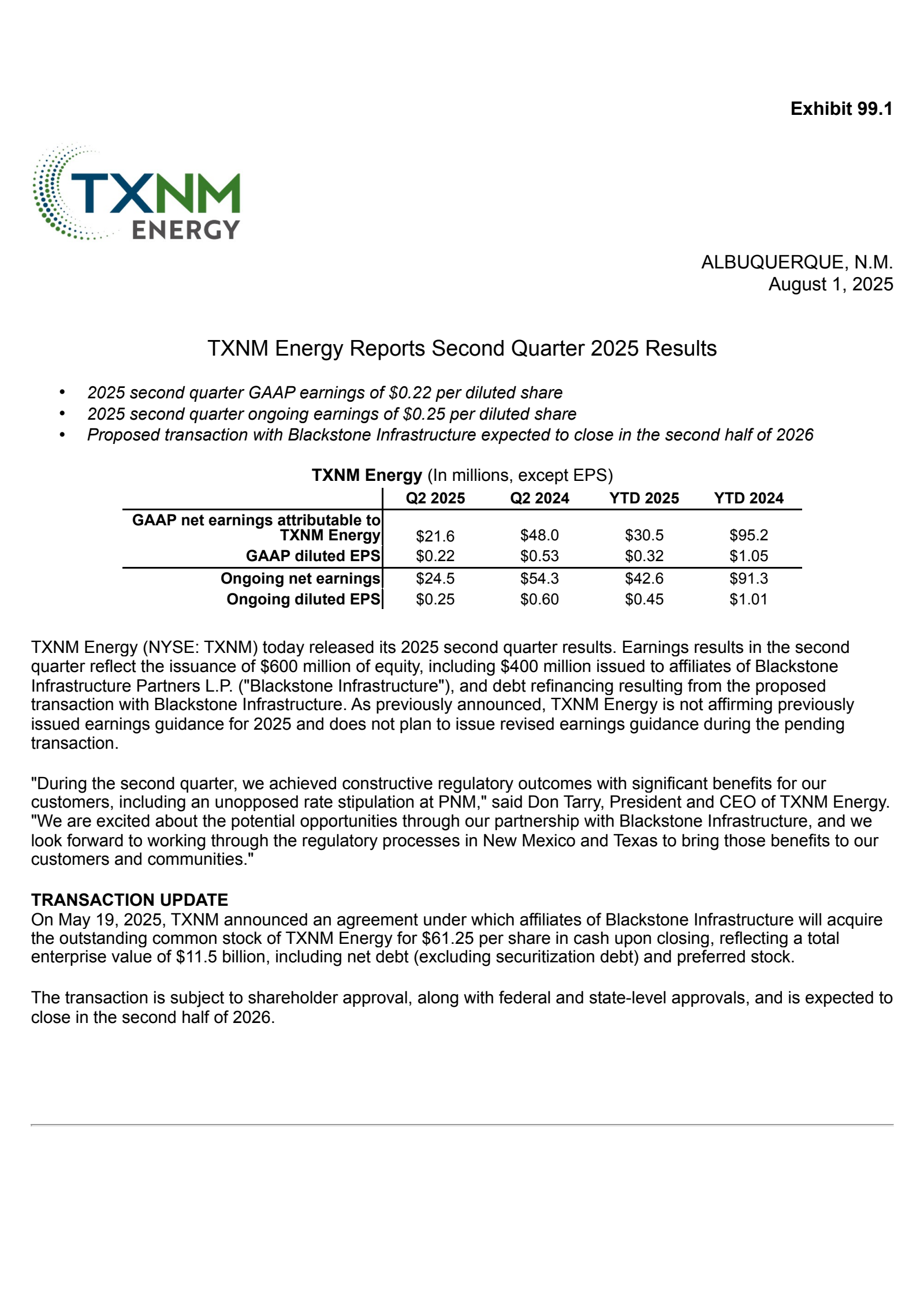 TXNM Energy's Q2 2025 Press Release