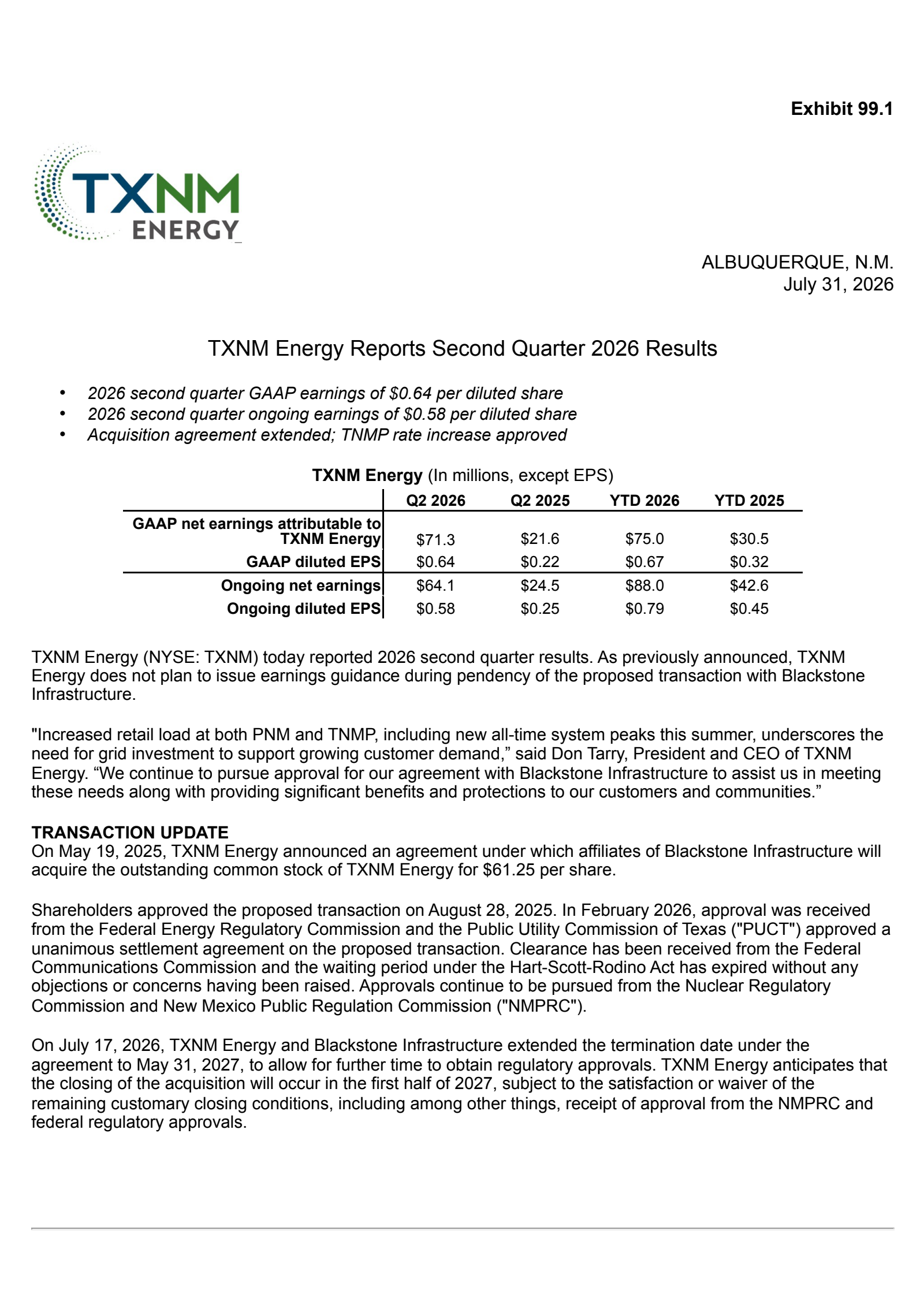 TXNM Energy's Q2 2026 Press Release
