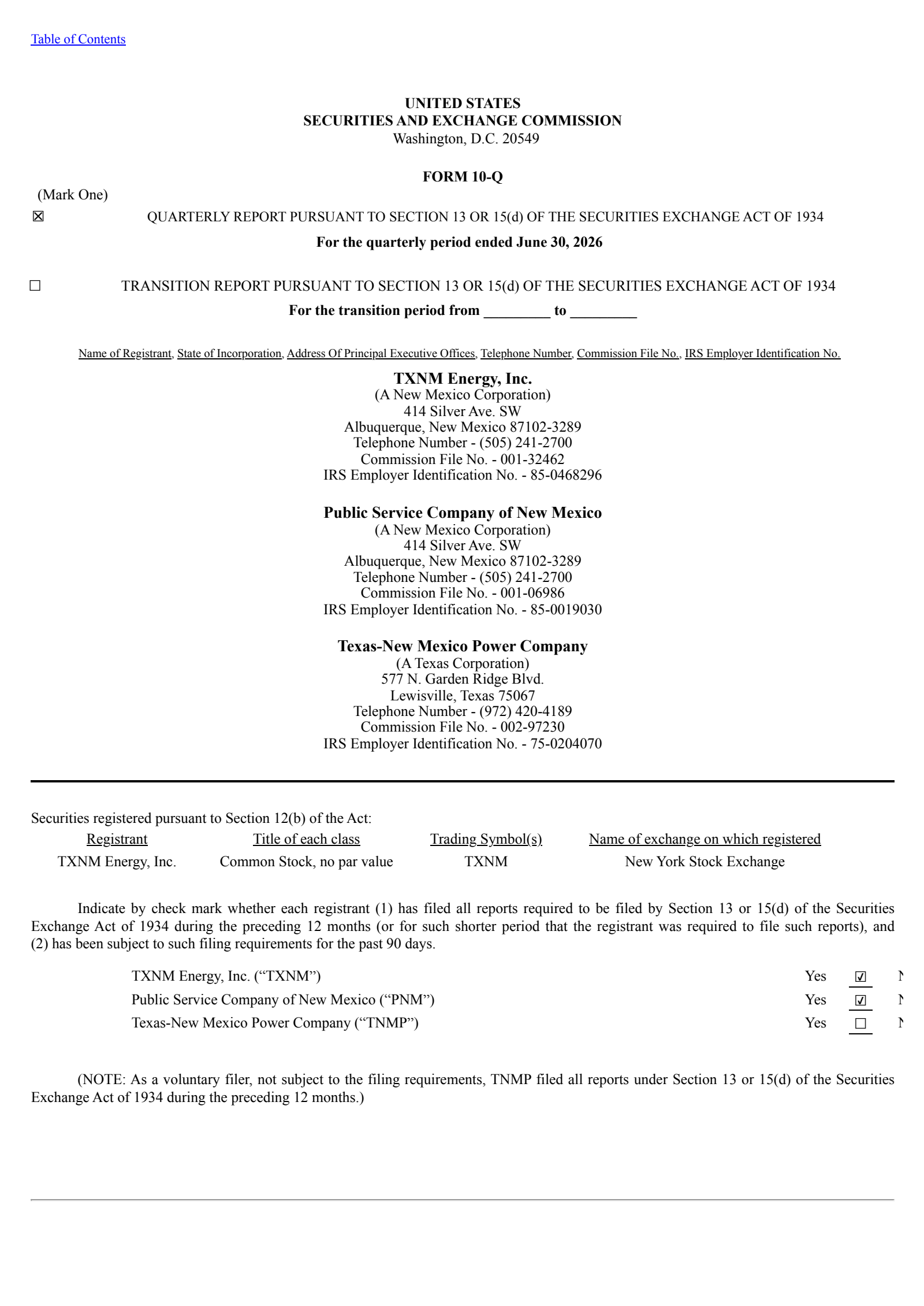 TXNM Energy's Q2 2026 Quarterly report