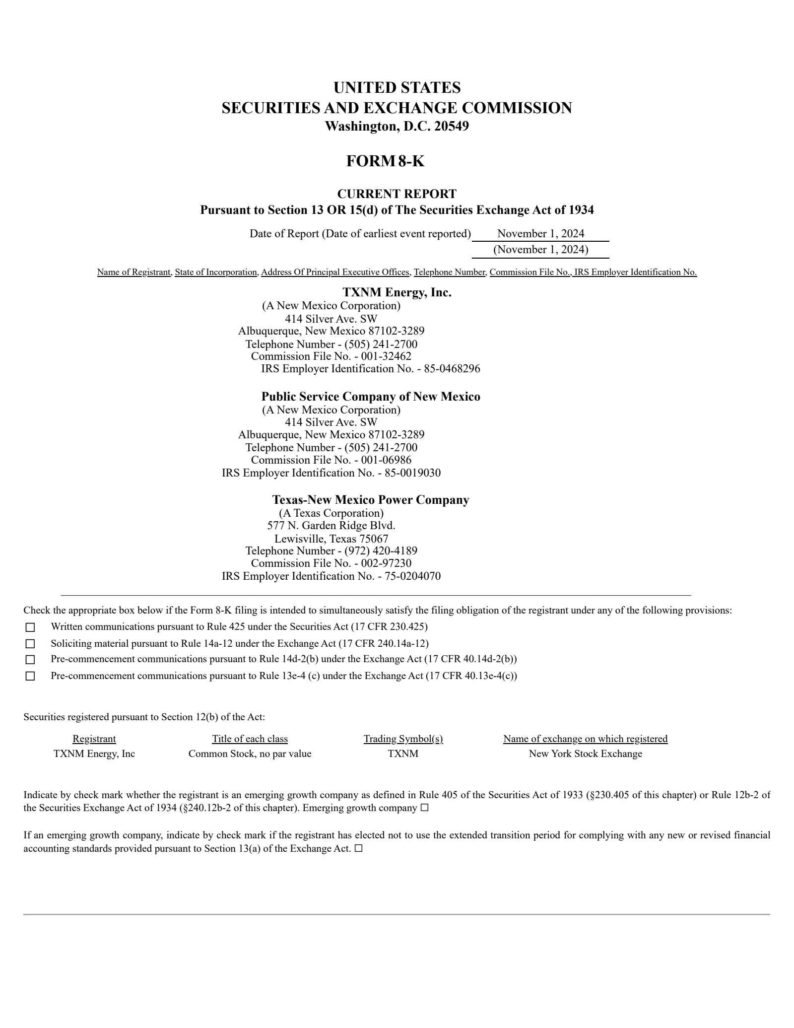 TXNM Energy's Q3 2024 Earnings Release