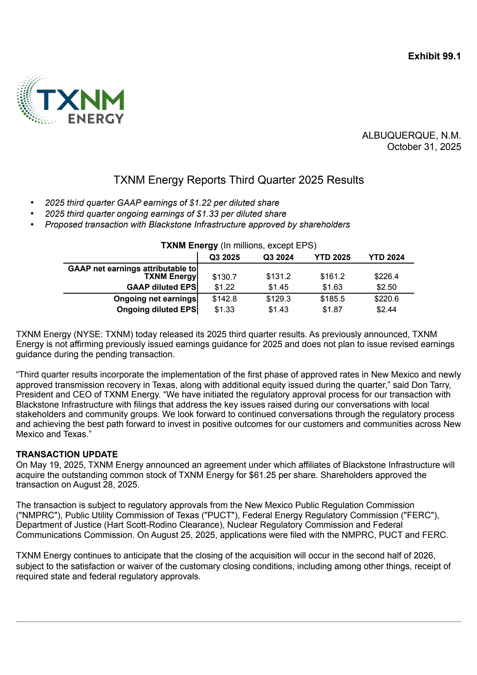 TXNM Energy's Q3 2025 Earnings Release