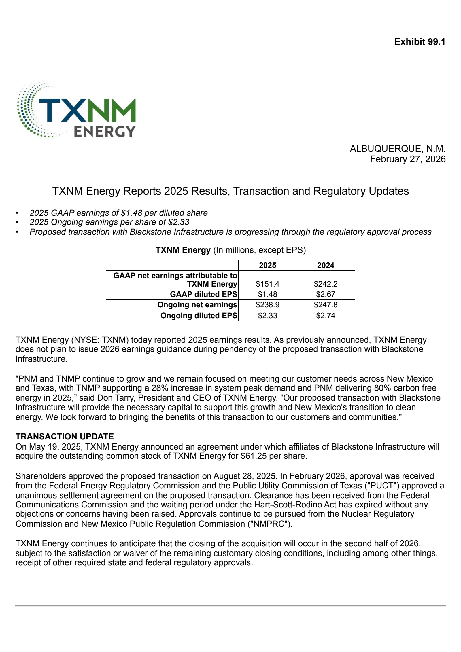 TXNM Energy's Q4 2025 Press Release