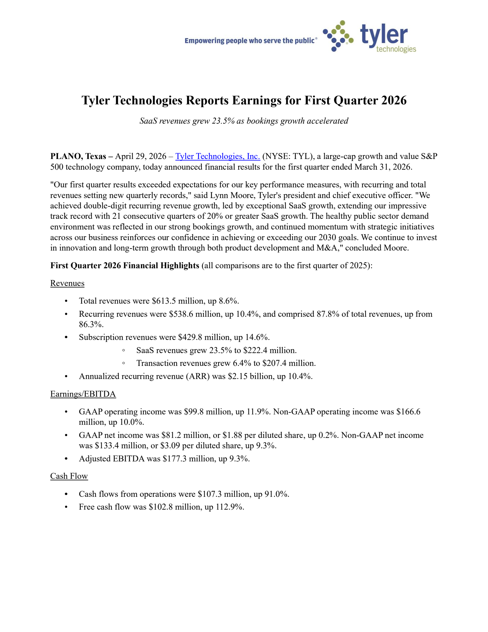 Tyler Technologies' Q1 2026 Press Release