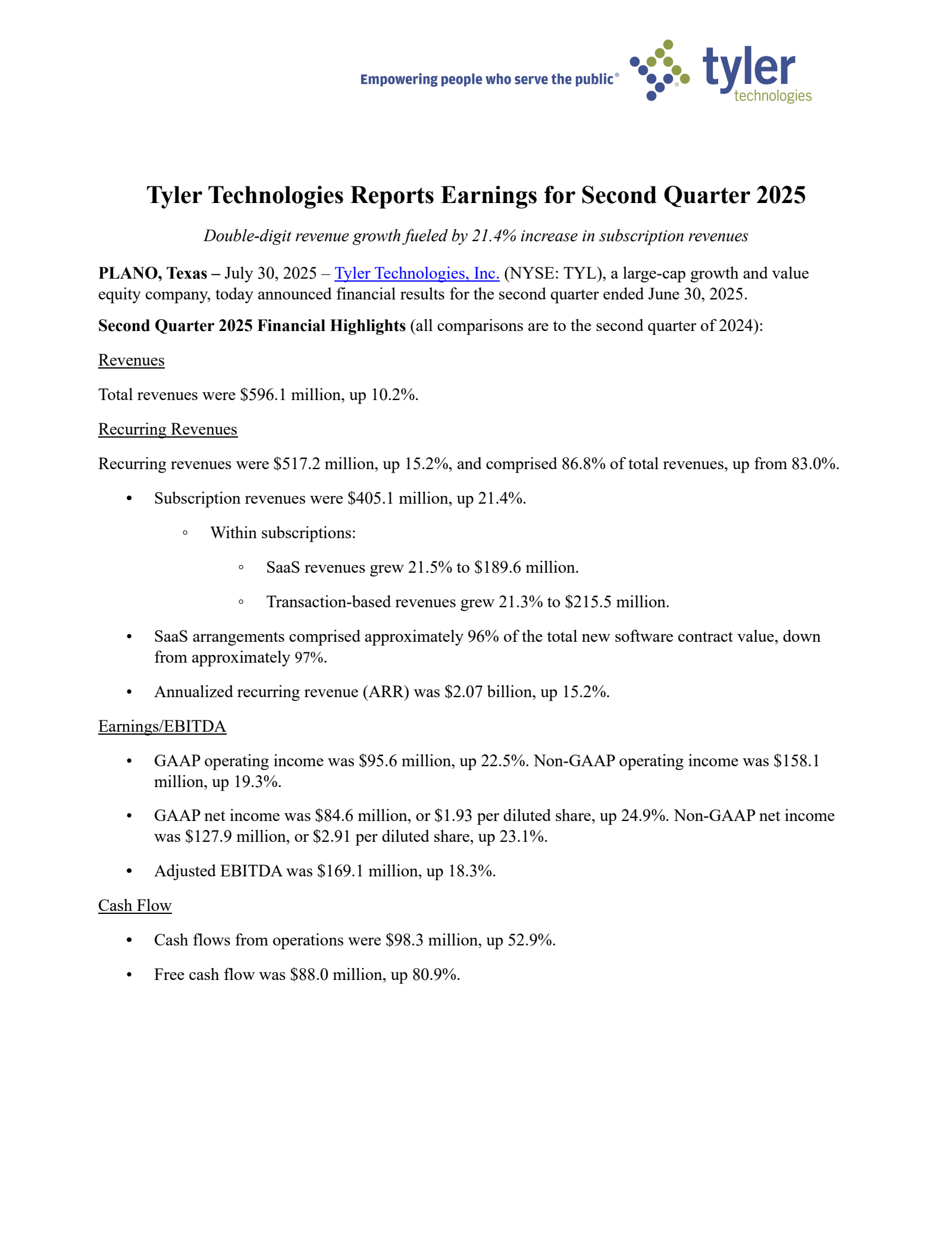 Tyler Technologies' Q2 2025 Press Release