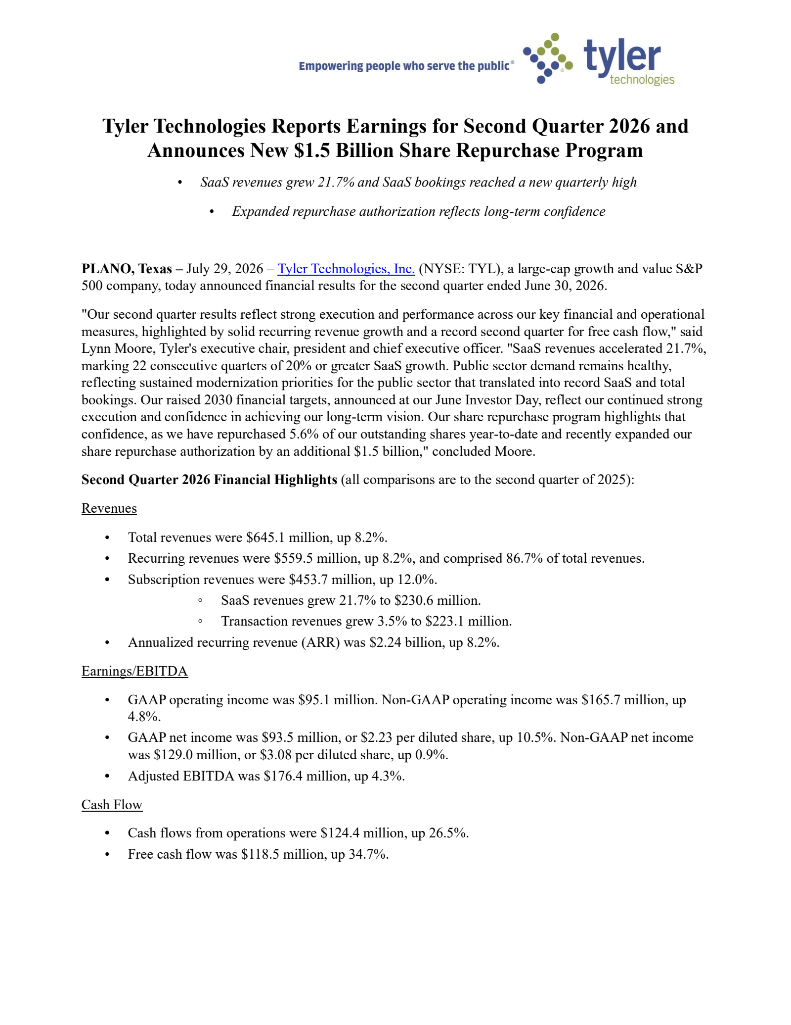 Tyler Technologies' Q2 2026 Press Release