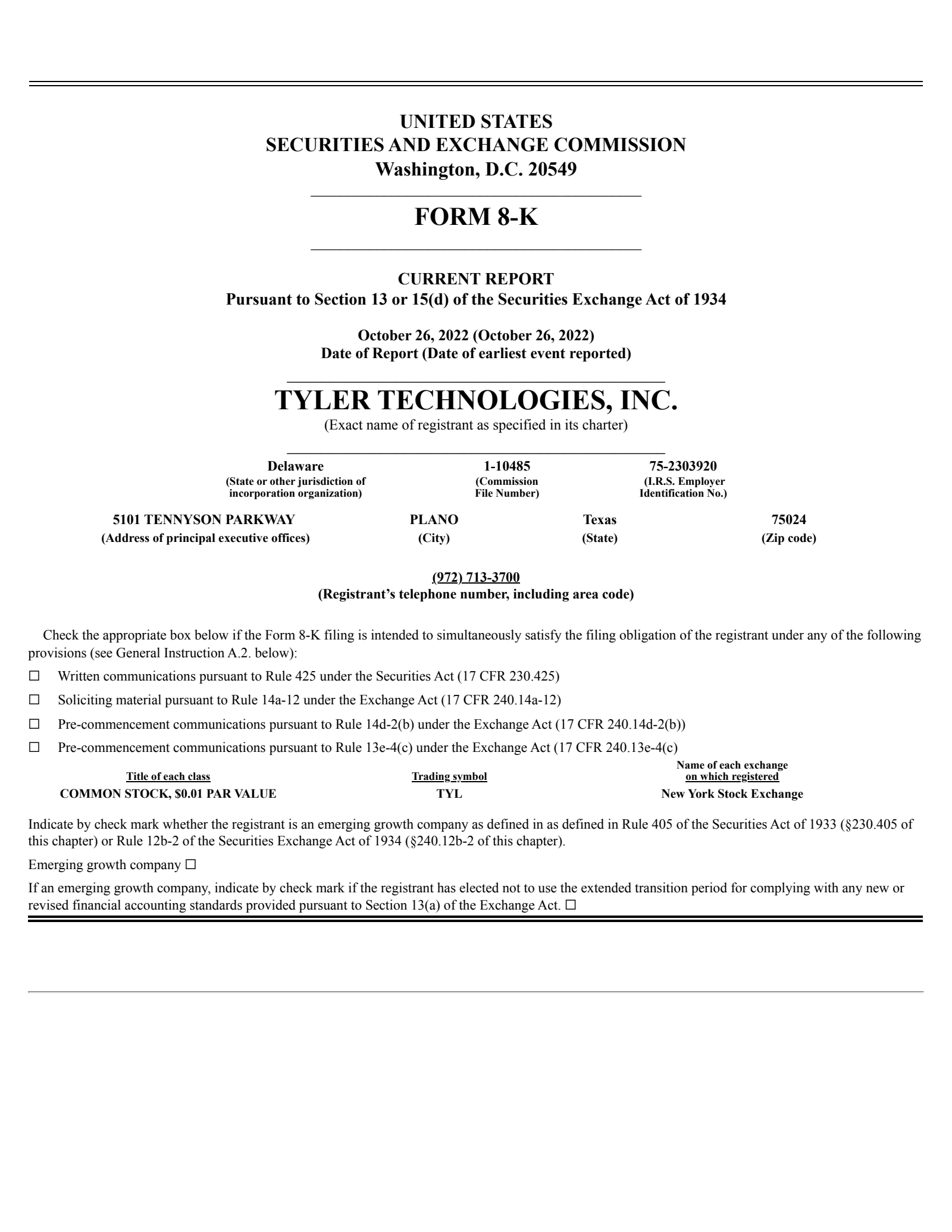 Tyler Incode Sample Reports TYL Q3 2022 Earnings Report on 10/26/2022