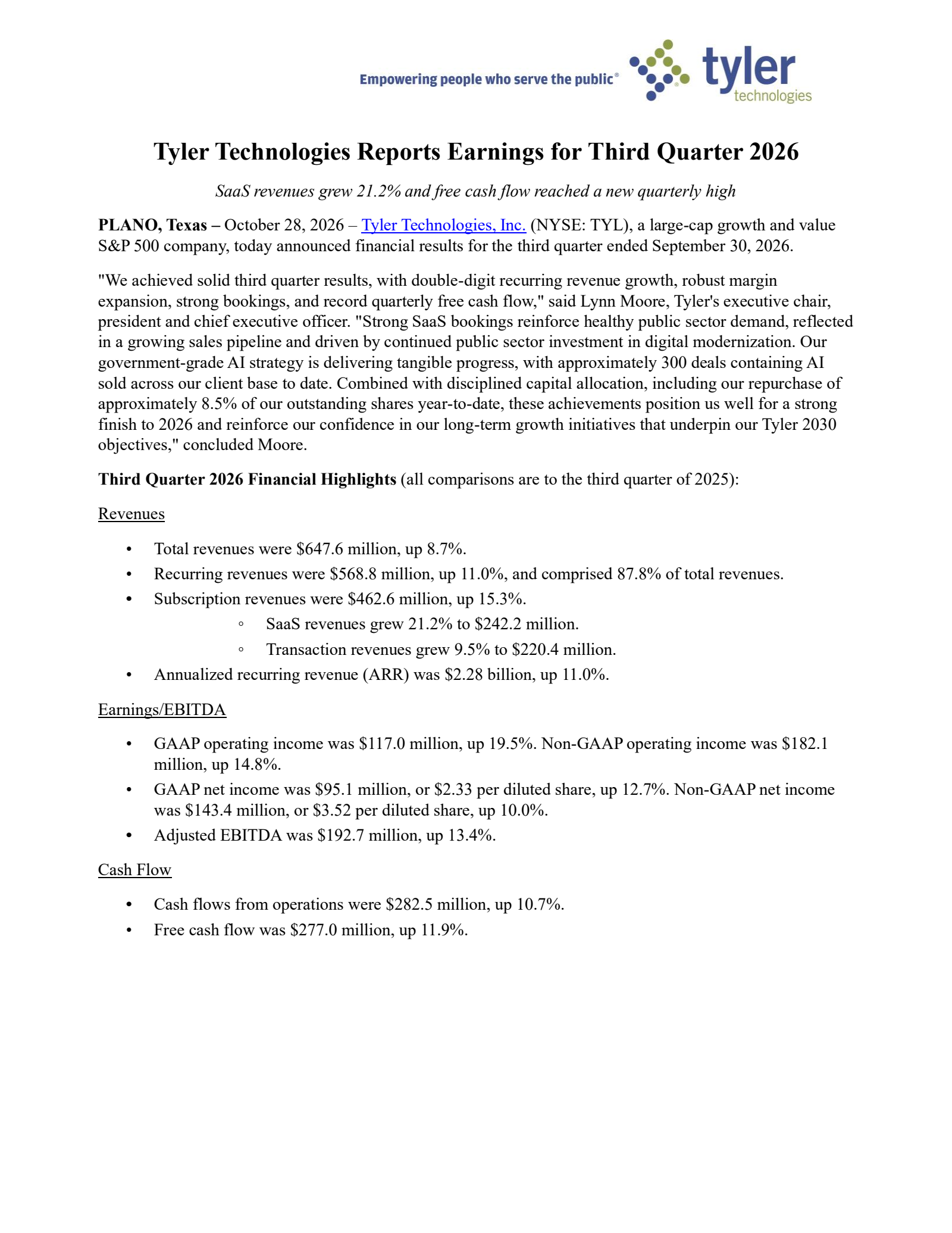 Tyler Technologies' Q3 2026 Press Release