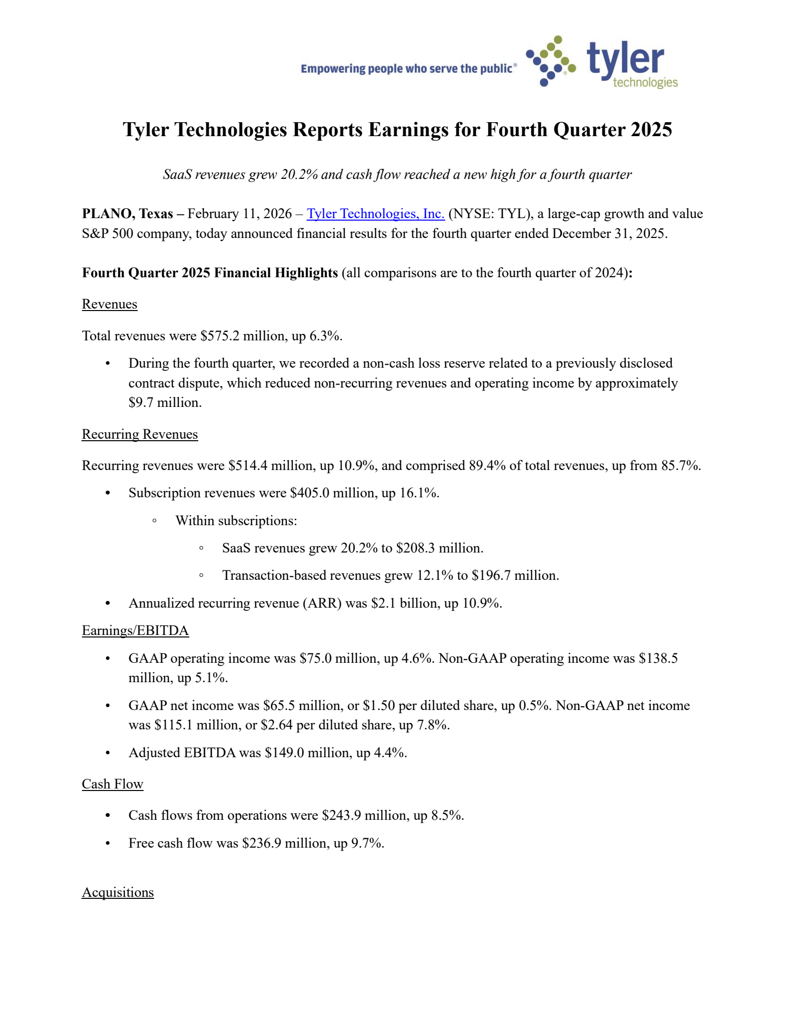 Tyler Technologies' Q4 2025 Press Release